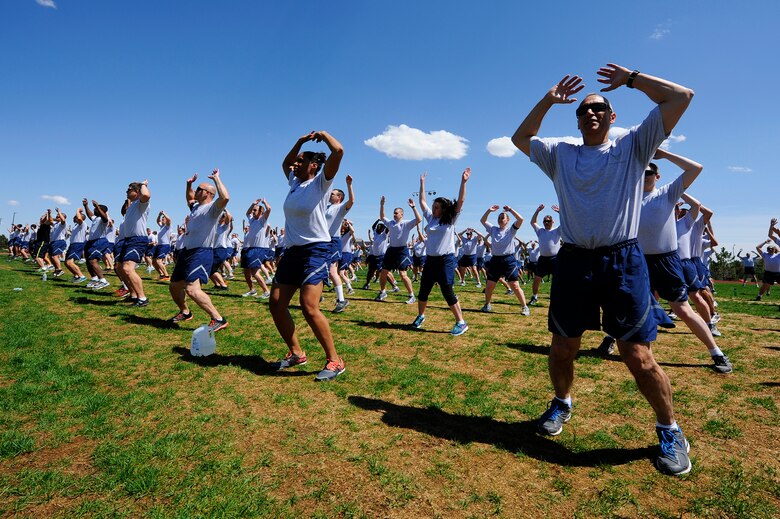Members of the 50th Space Wing participate in the Warfit Run June 4, 2014, at Schriever Air Force Base, Colo. The wing holds the run every month. (U.S. Air Force photo/Christopher DeWitt)