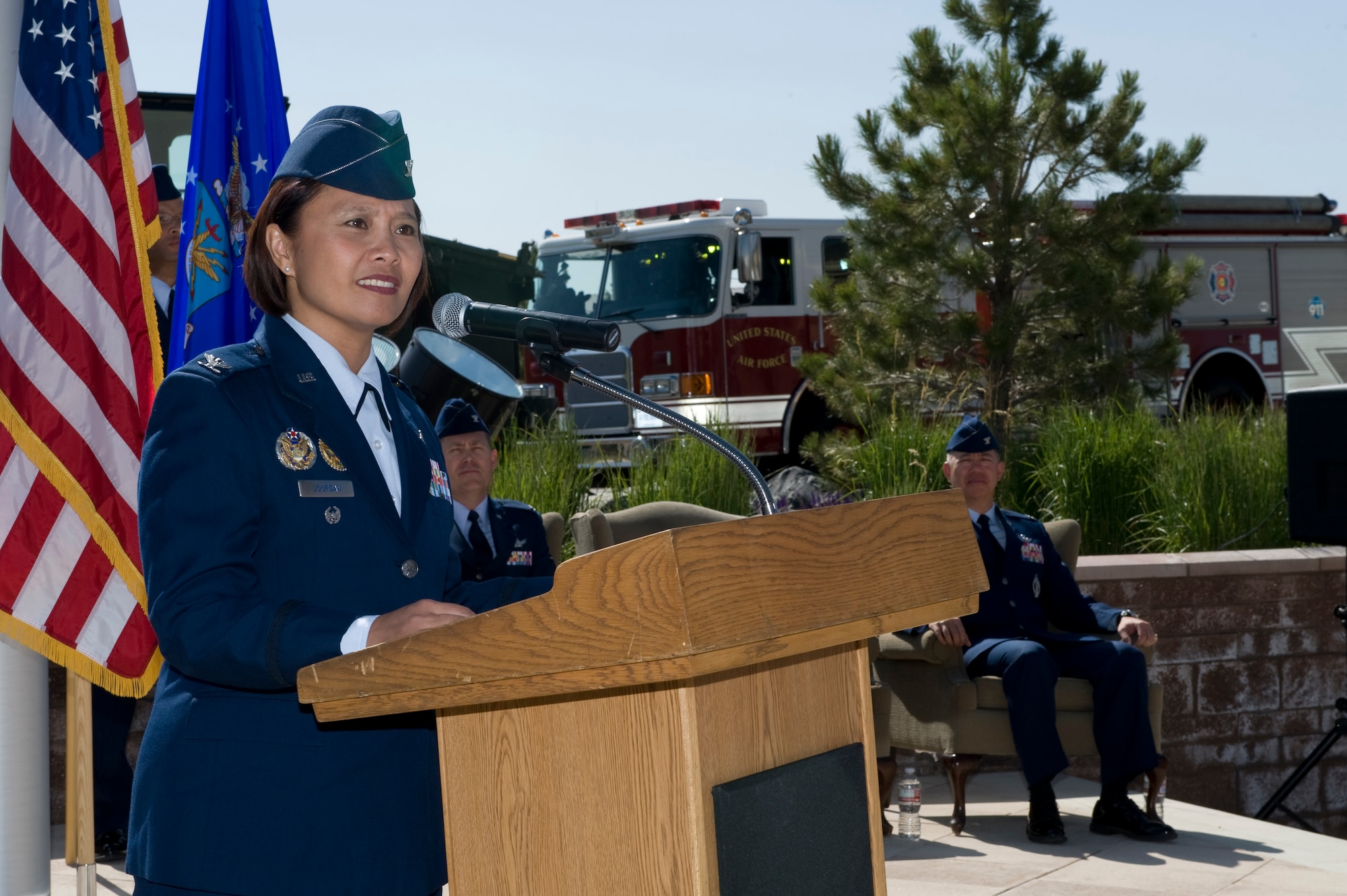 Col. Rose Jourdan, 460th Mission Support Group commander, provides closing remarks at the 460th MSG change of command ceremony June 10, 2014, at the 460th Space Wing Headquarters on Buckley Air Force Base, Colo. During the ceremony, Jourdan assumed command of the 460th MSG from Col. Robert Uemura, who served as the commander since June 2012. (U.S. Air Force photo by Senior Airman Phillip Houk/Released)