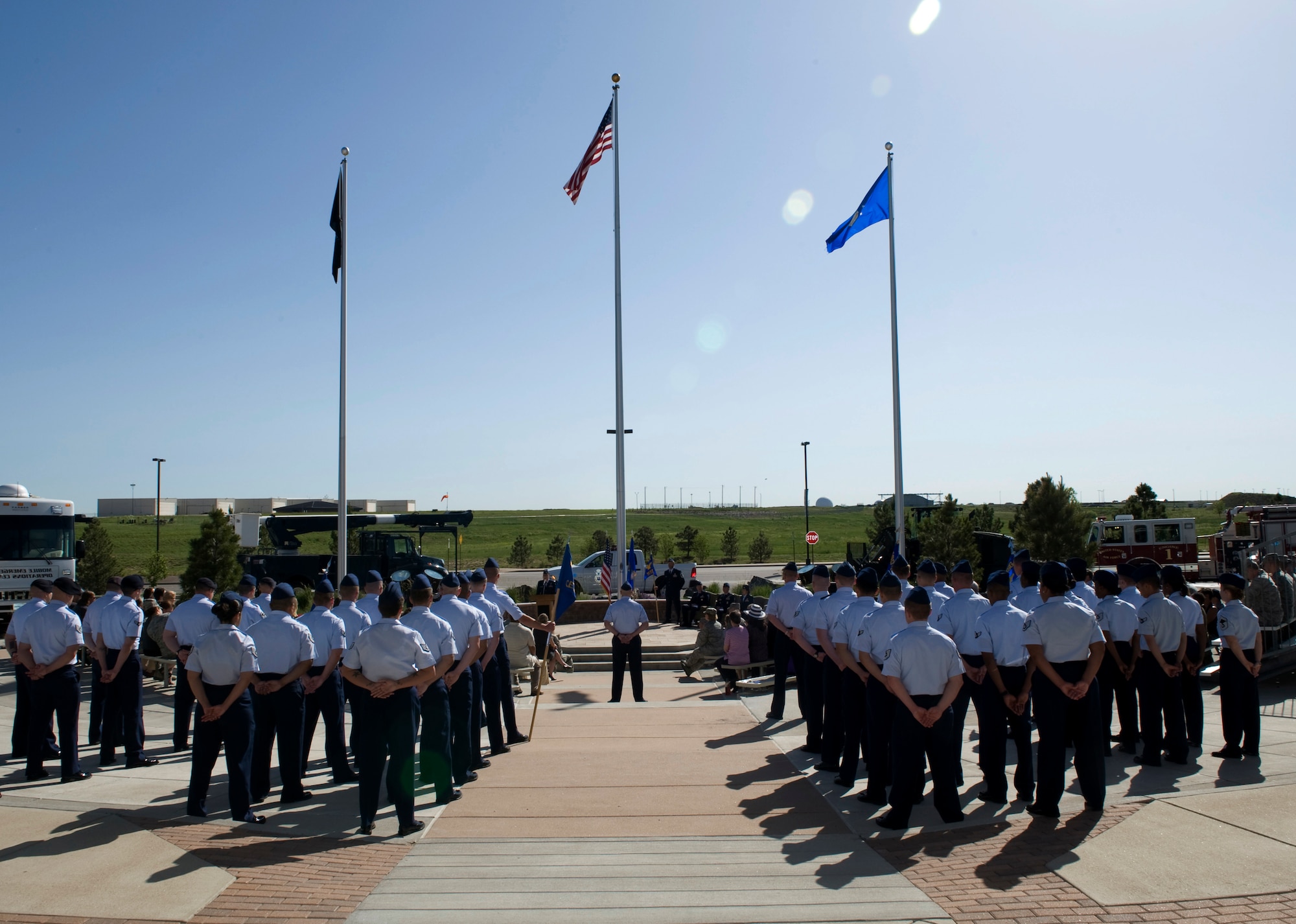 Members of the 460th Mission Support Group participate in the 460th MSG change of command ceremony June 10, 2014, at the 460th Space Wing Headquarters on Buckley Air Force Base, Colo. During the ceremony Col. Rose Jourdan assumed command of the 460th MSG from Col. Robert Uemura. (U.S. Air Force photo by Senior Airman Phillip Houk/Released)