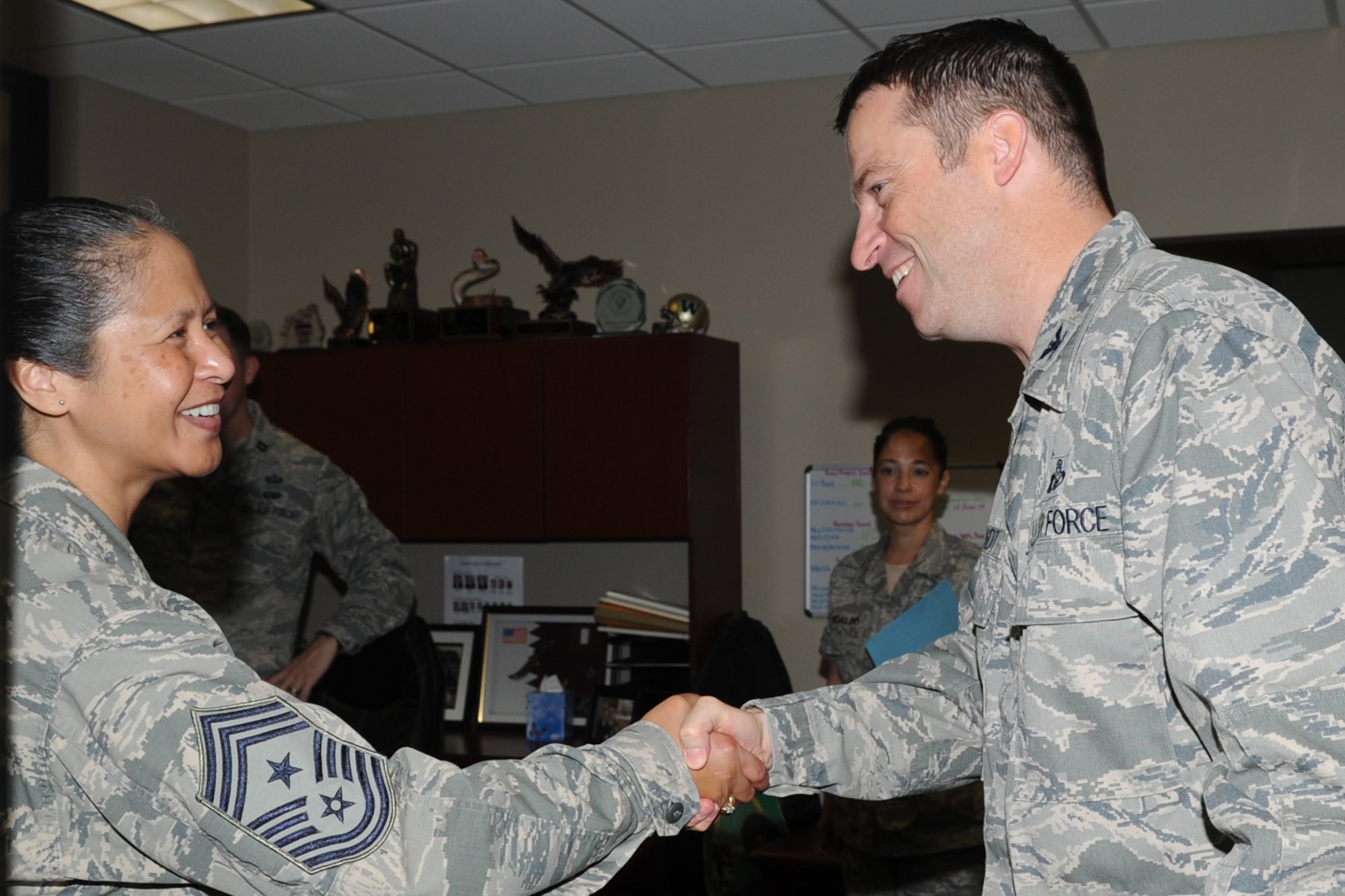 GOODFELLOW AIR FORCE BASE, Texas -- Chief Master Sgt. Arleen K. Heath, Air Force Intelligence, Surveillance and Reconnaissance Command Chief, shakes hand with Col. Thomas L. Schmidt, 17th Training Wing Vice Commander, before an office call at the Norma Brown Building here June 3. Heath visited several locations across the base including the intelligence squadrons and units outside of her ISR scope. (U.S. Air Force photo/ Staff Sgt. Laura R. McFarlane)
