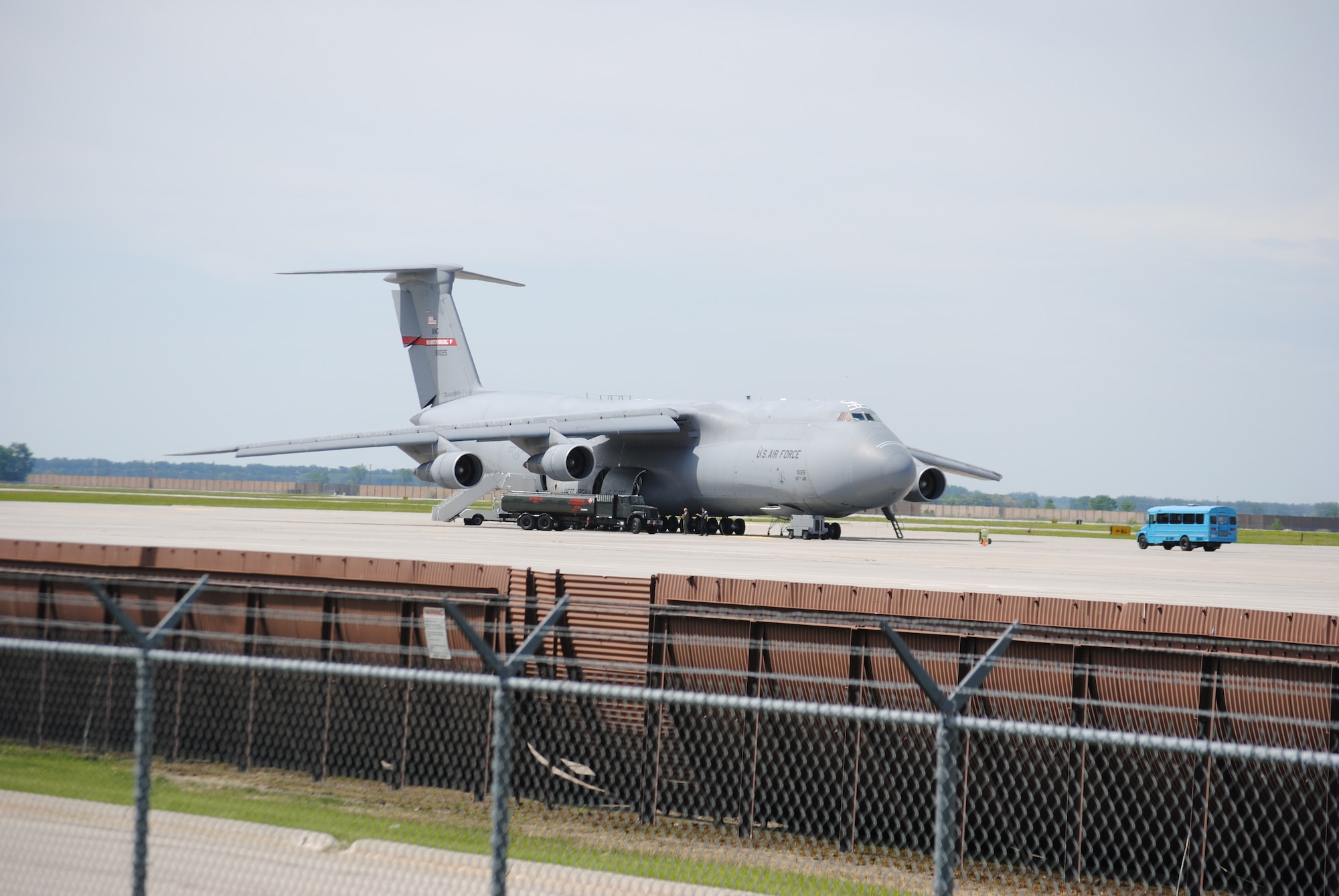 A C-5 Galaxy from the 167th Airlift Wing at Martinsburg Air National Guard Base, W.V.,  makes a pit stop at Grand Forks Air Force Base, N.D., for refueling on June 10, 2014. The C-5 Galaxy is one of the largest aircraft in the world and the largest cargo airframe in the Air Force inventory. The C-5 has 12 internal wing tanks with a total capacity of 51,150 gallons of fuel-- enough to fill 6 1/2 regular size railroad tank cars. (U.S. Air Force photo/Staff Sgt. Luis Loza Gutierrez)
