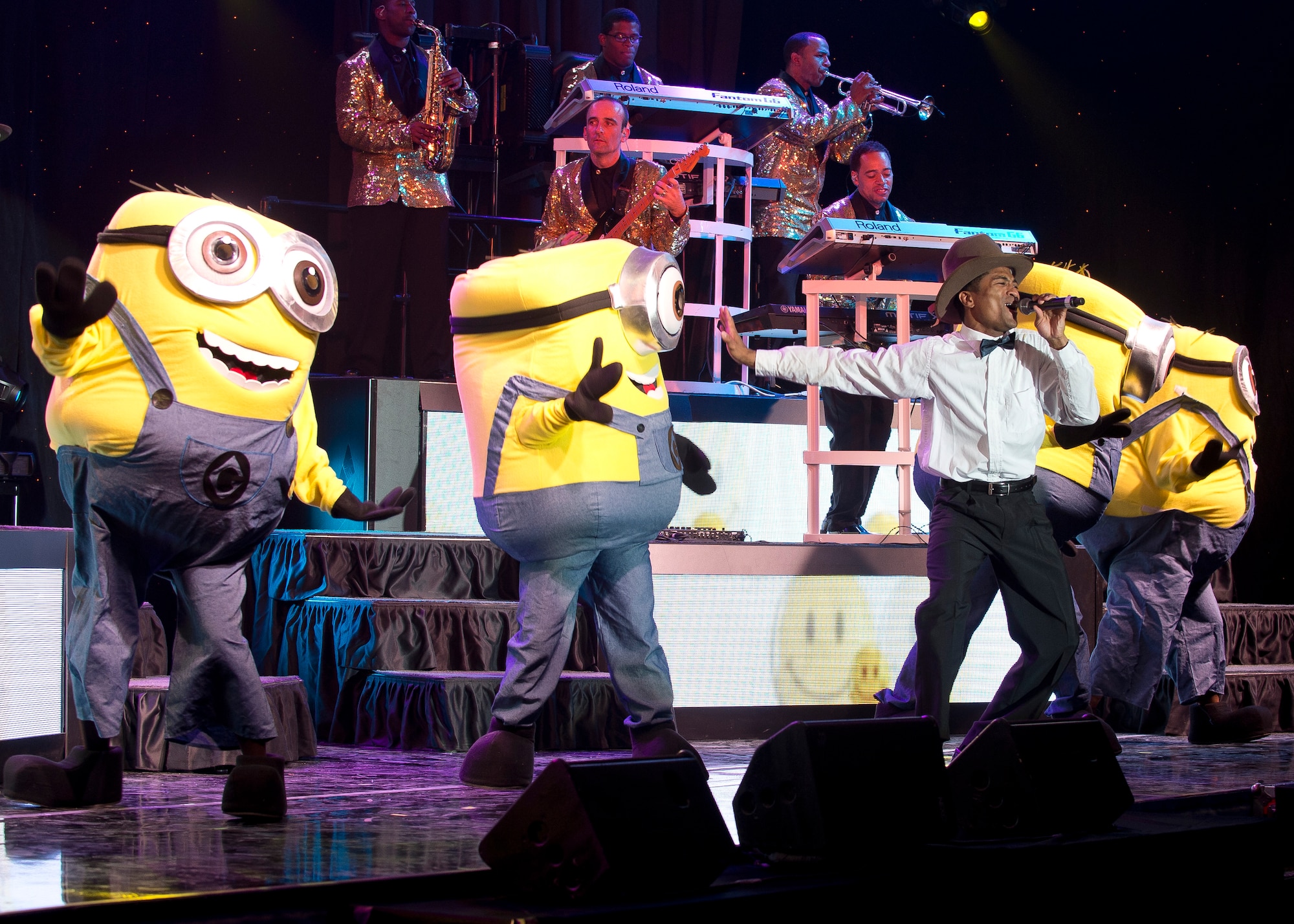 The Minions from "Despicable Me" performed at the Edwards AFB base theater June 8. (U.S. Air Force photo by Ethan Wagner)