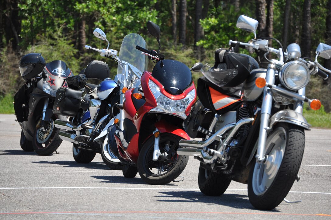 Several motorcycles stand ready to be used June 9 as part of the motorcycle mentorship event. The vent correlated with the quarterly Comprehensive Airman Fitness Day which focused on Sexual Assault Prevention Response (U.S. Air Force photo by 2nd Lieutenant Christopher Bowyer-Meeder)
