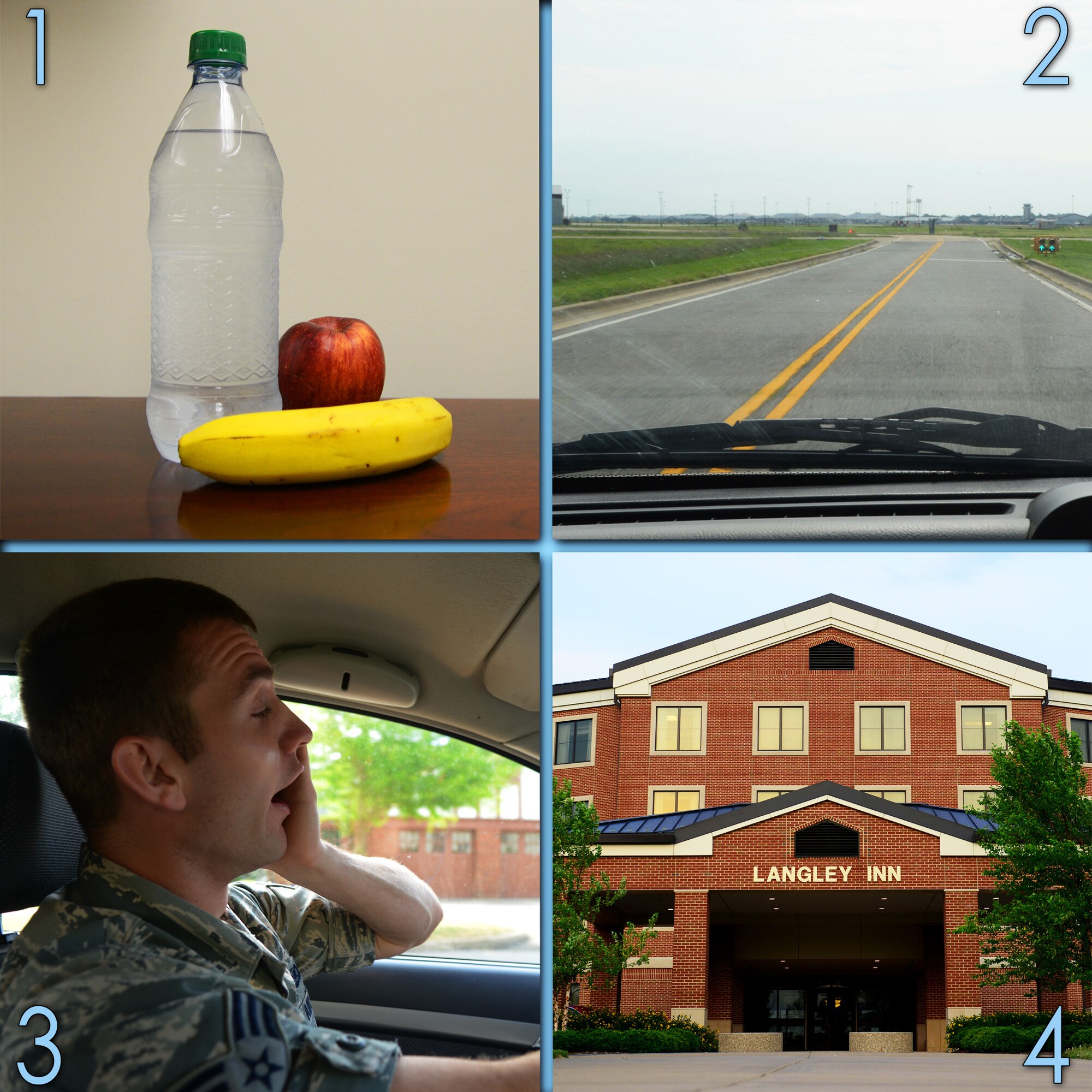 Once a vehicle is road-ready, drivers should take extra care to ensure they are prepared for the rigors of long drives. 1) Pack healthy snacks, which provide sustained energy without "sugar crashes." 2) Be aware of "highway hypnosis," an effect caused by the repetition during long drives on highways that can potentially put drivers into a dangerous lull. 3) Stay alert while driving, and be aware if you begin to feel fatigued or sleepy. 4) When possible, consider breaking long trips into sections and schedule rest stops at hotels along the route. (U.S. Air Force photo illustration by Senior Airman Jason J. Brown/Released)