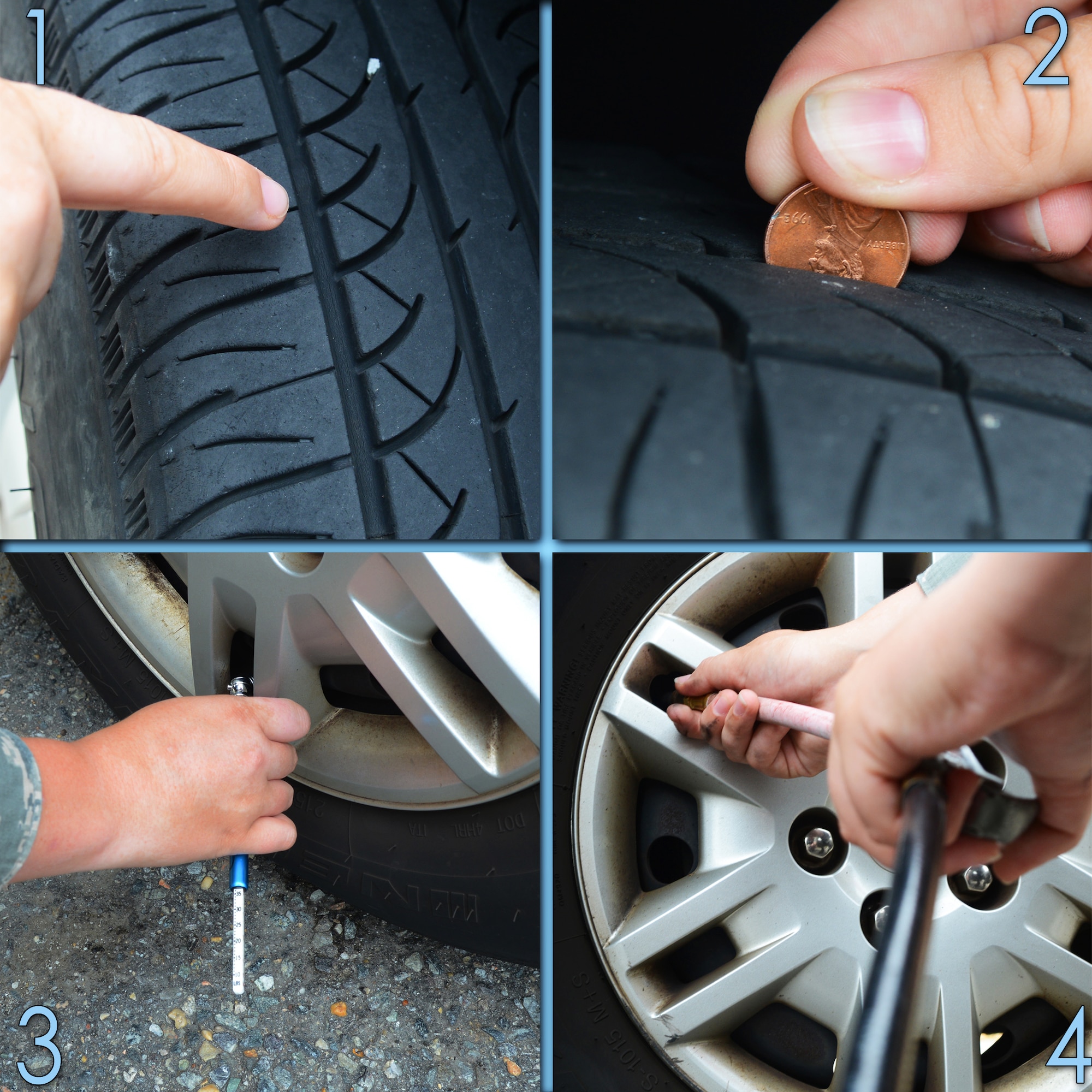 Before embarking on a summer road trip, drivers should exercise proper vehicle preparation, with tire care being especially important. 1) Visually inspect tire tread. 2) Use the "penny test" to determine the amount of tread left. If the tread does not cover Lincoln's head, you may need to replace the tire. 3) Use a pressure gauge to check tire pressure. 4) Inflate tires to the manufacturer-recommended pressure. (U.S. Air Force photo illustration by Senior Airman Jason J. Brown/Released)