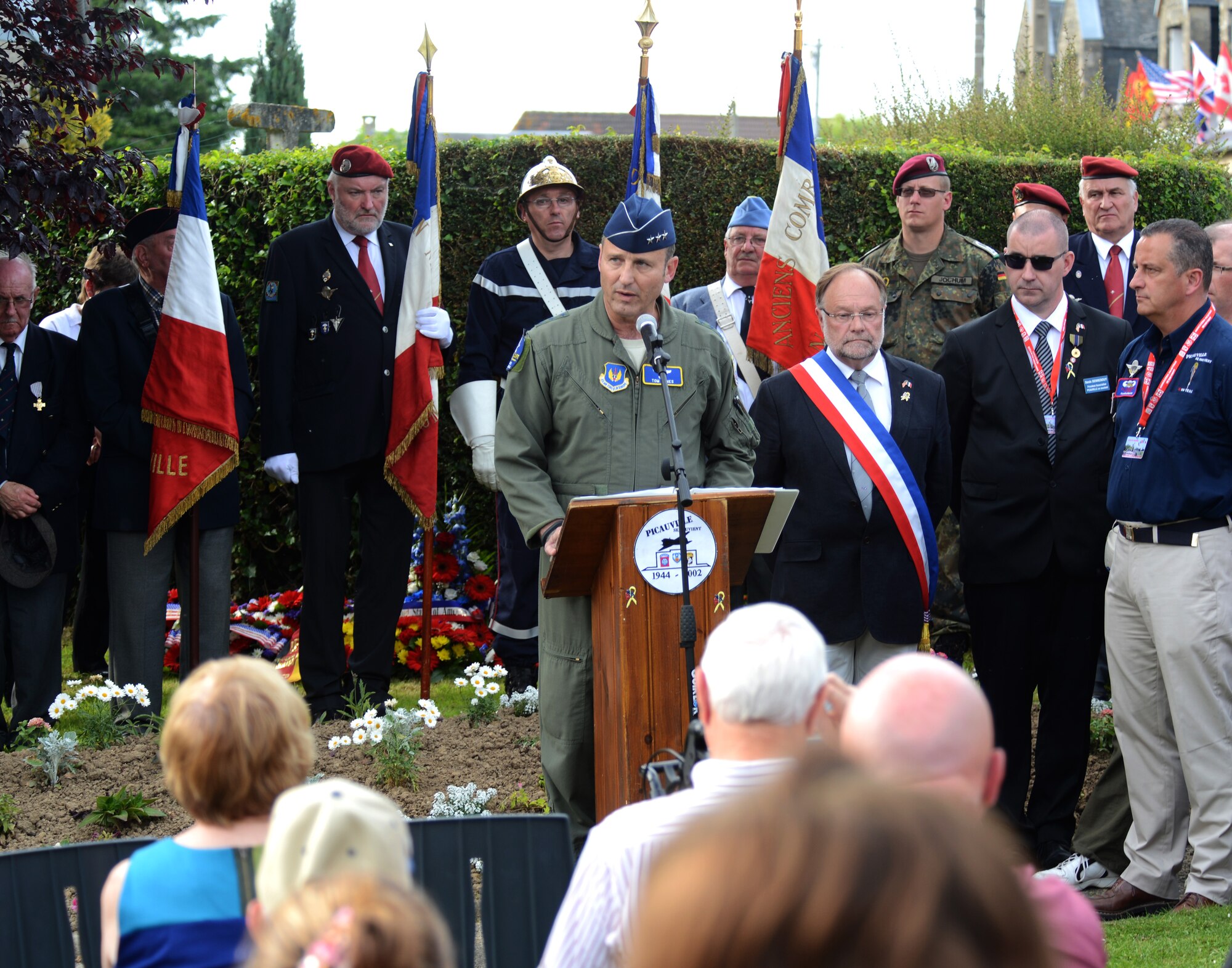 U.S. Air Force Lt. Gen. Noel T. Jones, U.S. Air Forces in Europe and Air Forces Africa vice commander, speaks to residents of Picauville, France during a 70th anniversary celebration of D-Day June 6, 2014. Jones spoke about the historical ties the U.S. has to France and highlighted the importance of remembering the events that took place in Picauville 70 years ago. (U.S. Air Force photo/Airman 1st Class Dillon Johnston/Released)