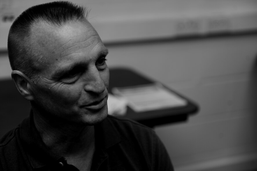 U.S. Air Force Maj. Cory Bartholomew, U-2 Dragon Lady pilot from the 9th Reconnaissance Wing, discusses the difficulties of landing an aircraft on its rear wheel at RAF Fairford, United Kingdom, June 6, 2014. After more than 20 years as a U-2 pilot, Bartholomew is scheduled to retire October 2014. (U.S. Air Force photo by Staff Sgt. Jarad A. Denton/Released)