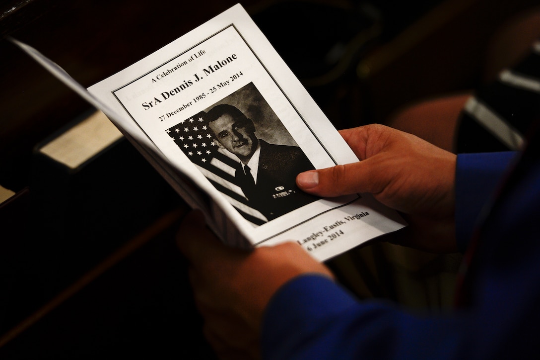 A memorial ceremony was held for U.S. Air Force Senior Airman Dennis Malone, 633rd Contracting Squadron contract administrator, at the Langley Chapel at Langley Air Force Base, Va., June 6, 2014. Malone was 28 years old when he died in a single-car accident in Hannibal, N.Y., May 25. Malone is survived by his father, mother, grandfather, girlfriend and other relatives.  (U.S. Air Force photo by Senior Airman Kayla Newman/Released)