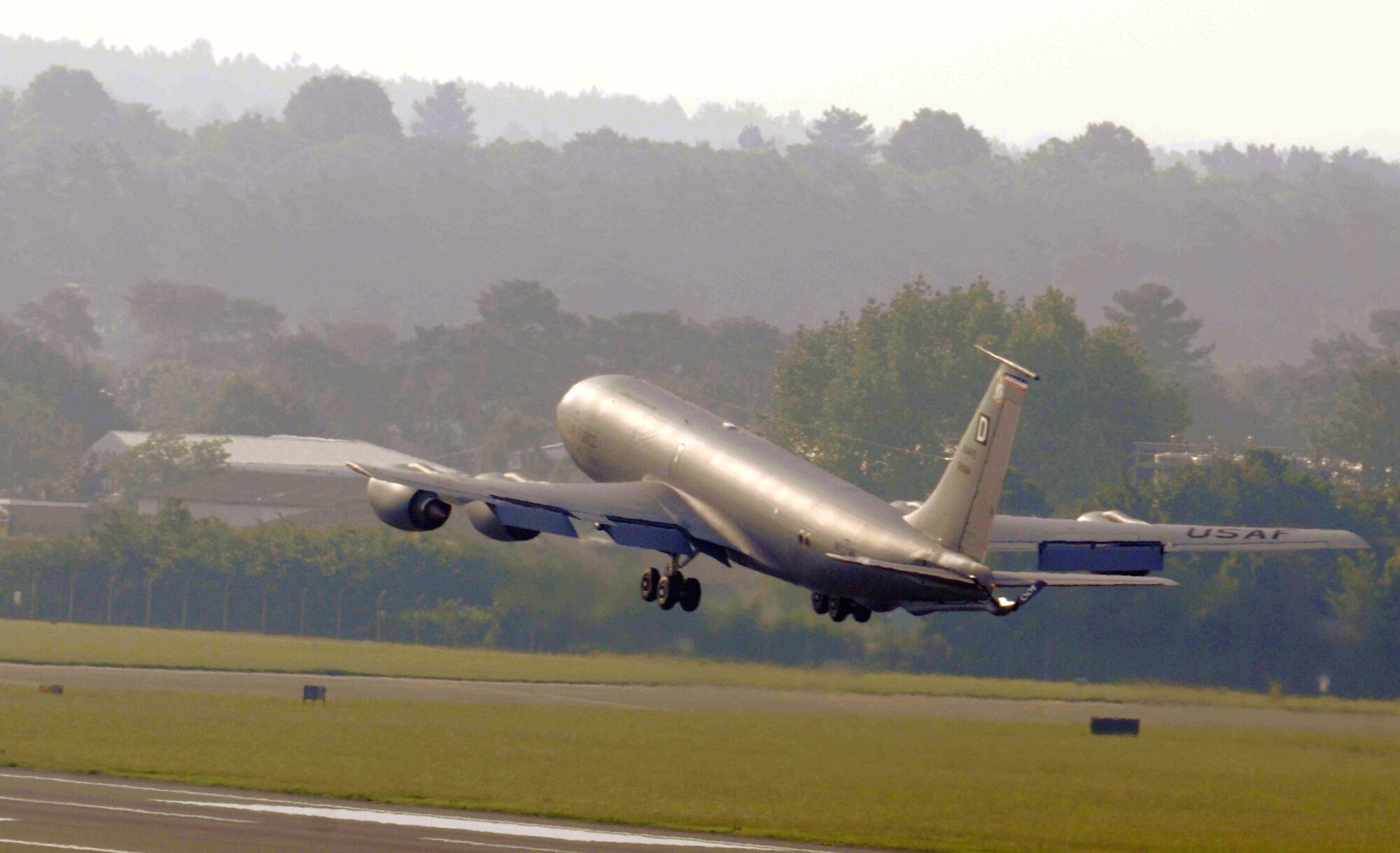A KC-135 Stratotanker with the 351st Expeditionary Air Refueling Squadron-Poland departs from RAF Mildenhall, England, June 9, 2014, and heads toward Powidz Air Base, Poland, to participate in the 42nd annual Baltic Operations Exercise. The 351st EARS-Poland will provide aerial refueling for approximately 50 aircraft that are participating in BALTOPS, the largest multinational maritime exercise this year in the Baltic Sea.  (U.S. Air Force photo/Gina Randall/Released) 