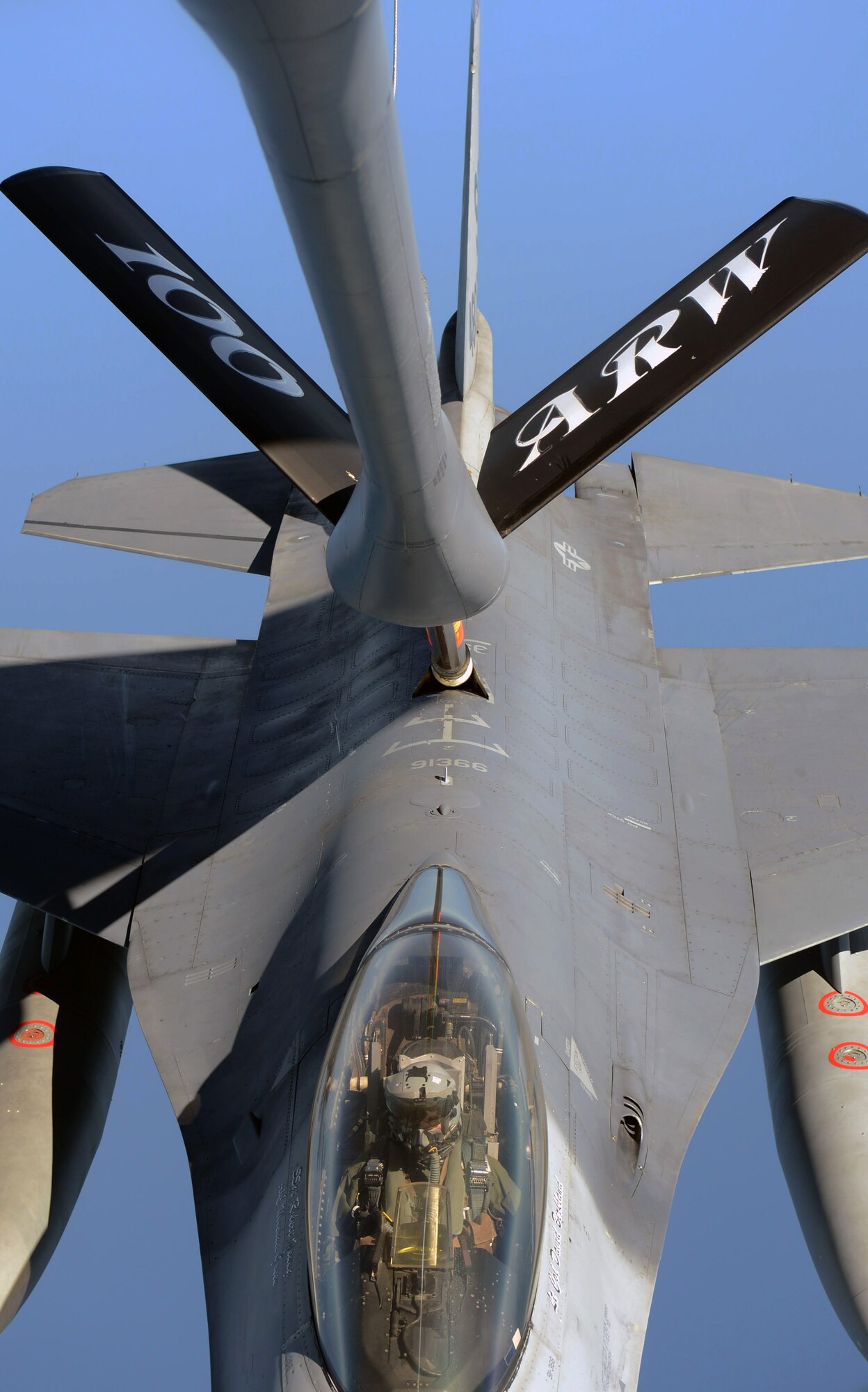 A U.S. Air Force F-16 C/D Fighting Falcon connects to the boom of KC-135 Stratotanker during the Baltic Operations Exercise June 9, 2014, over the Baltic Sea. For BALTOPS, the U.S. Air Force is providing fighter aircraft for maritime interdiction and air combat training, as well as air refueling support. (U.S. Air Force photo/Airman 1st Class Kyla Gifford/Released)