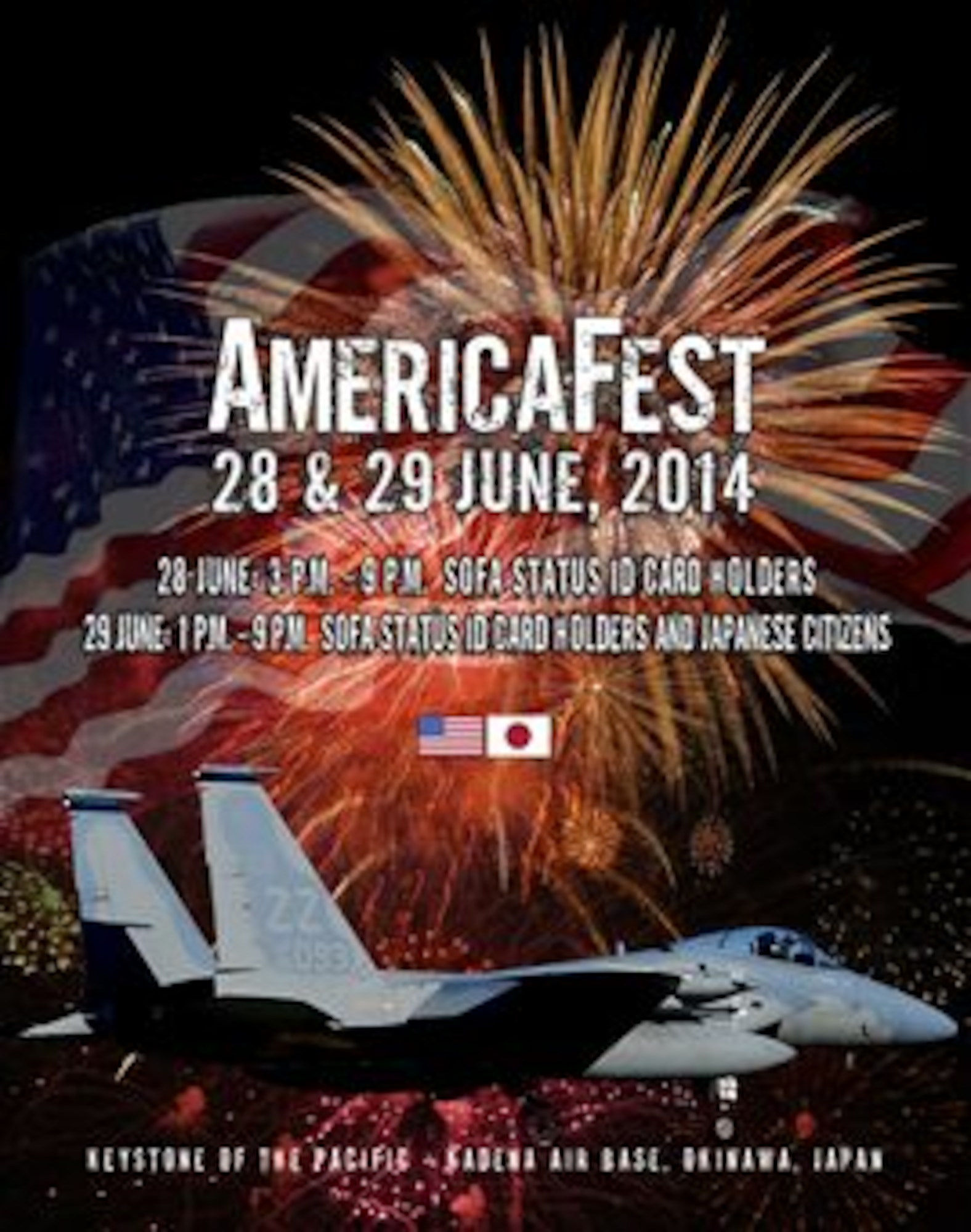 Kadena Air Base will open its gates to the base population and local community June 29 for AmericaFest 2014. (U.S. Air Force Graphic by Naoko Shimoji)