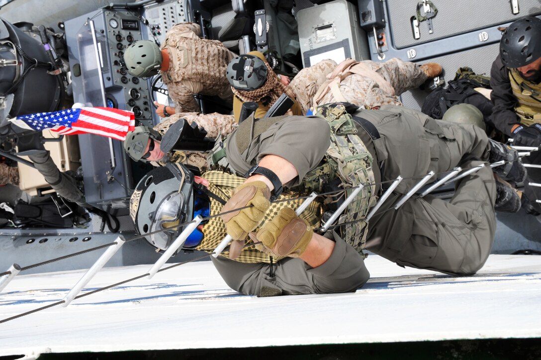Multinational special operations forces climb aborad a transport cruise ship during a visit, board, search and seizure event as part of Eager Lion 2014 at the Royal Jordanian Naval Base, Jordan, June 5, 2014.