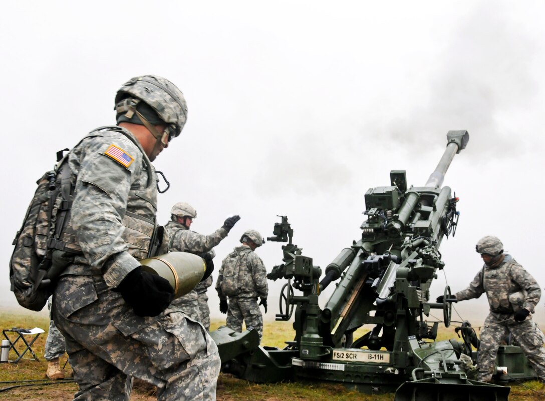 U.S. soldiers from launch a round downrange during a live-fire exercise on Grafenwoehr Training Area, Germany, Nov. 30, 2011. The soldiers are assigned to Bravo Battery, Fires Squadron, 2nd Cavalry Regiment.  
