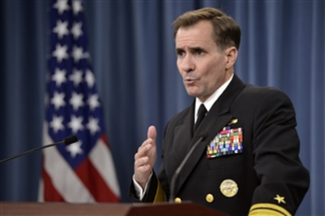Pentagon Press Secretary Navy Rear Adm. John Kirby briefs reporters during a press conference at the Pentagon, June 10, 2014. KIrby responded to questions about Army Sgt. Bowe Bergdahl's recent release from Taliban captivity and the five U.S. troops killed Monday possibly during friendly fire.