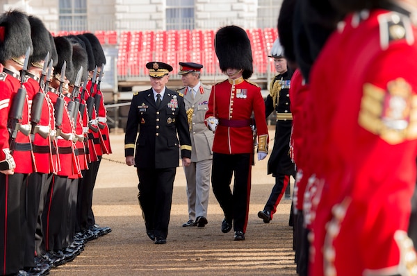 Chairman of the Joint Chiefs of Staff Gen. Martin E. Dempsey inspects troops with U.K. Chief of Defense Staff Gen. Sir Nickolas Houghton during a Guard of Honor ceremony kicking off a Defense Chiefs Strategic Dialog with the U.S. Joint Chiefs of Staff and their United Kingdom counterparts in London, U.K. June 10, 2014. DoD Photo by Mass Communication Specialist 1st Class Daniel Hinton.