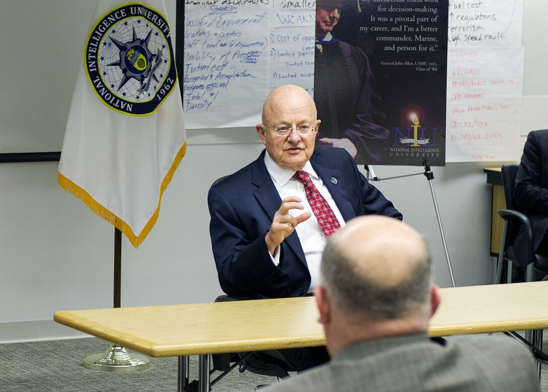 Director of National Intelligence James Clapper speaks to National Intelligence University graduate students June 10 about the role of leadership in the intelligence community.