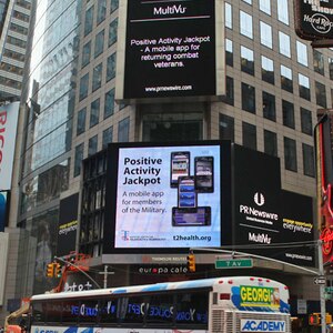 An advertisement in New York City's Times Square showcases the new Positive Activity Jackpot mobile application, developed to help ease service members' transition from deployment to home life.