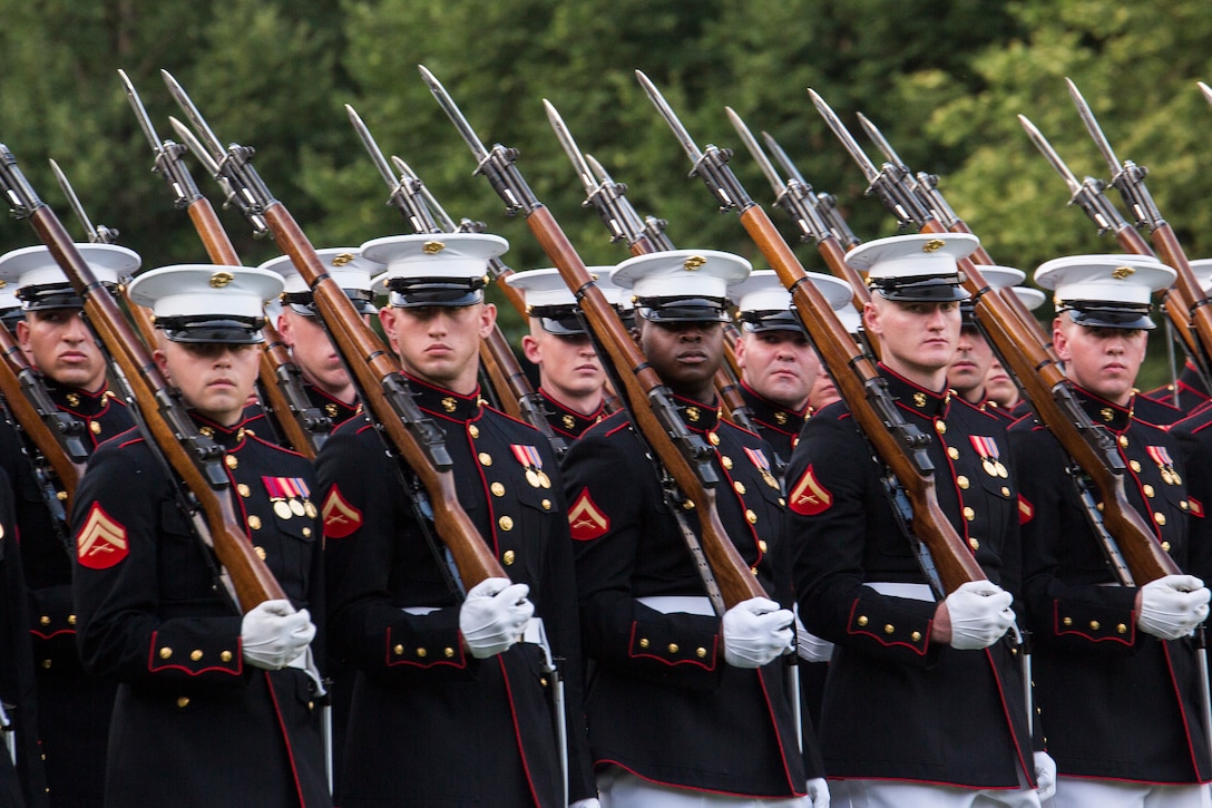 Marines from Company B at Marine Barracks Washington, D.C., perform during a Tuesday Sunset Parade at the Marine Corps War Memorial in Arlington, Va., June 10, 2014. (Official Marine Corps photo by Cpl. Dan Hosack/Released)