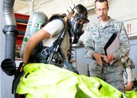 Master Sgt. Cory Bobo helps Senior Airman Jessica Wissenbach with her hazardous material suit for HAZMAT training at Hill Air Force Base, Utah, June 8, 2014. Wissenbach completed the annual training requirement in order to maintain her HAZMAT technician certification, and Bobo served as evaluator for the training scenario. (U.S. Air Force photo/Senior Airman Allen Stokes)