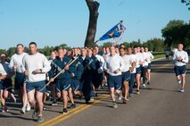 Master Sgt. Ricardo Borecki, 90th Logistics Squadron first sergeant, calls out jodies  during a memorial run on F.E. Warren Air Force Base, Wyo.,  June 10, 2014. The run was held in memory of Airman 1st Class Eric Barnes, an Airman who died on June 10, 2007, from a roadside bomb during a tour in Iraq. (U.S. Air Force photo by Airman Malcolm Mayfield)