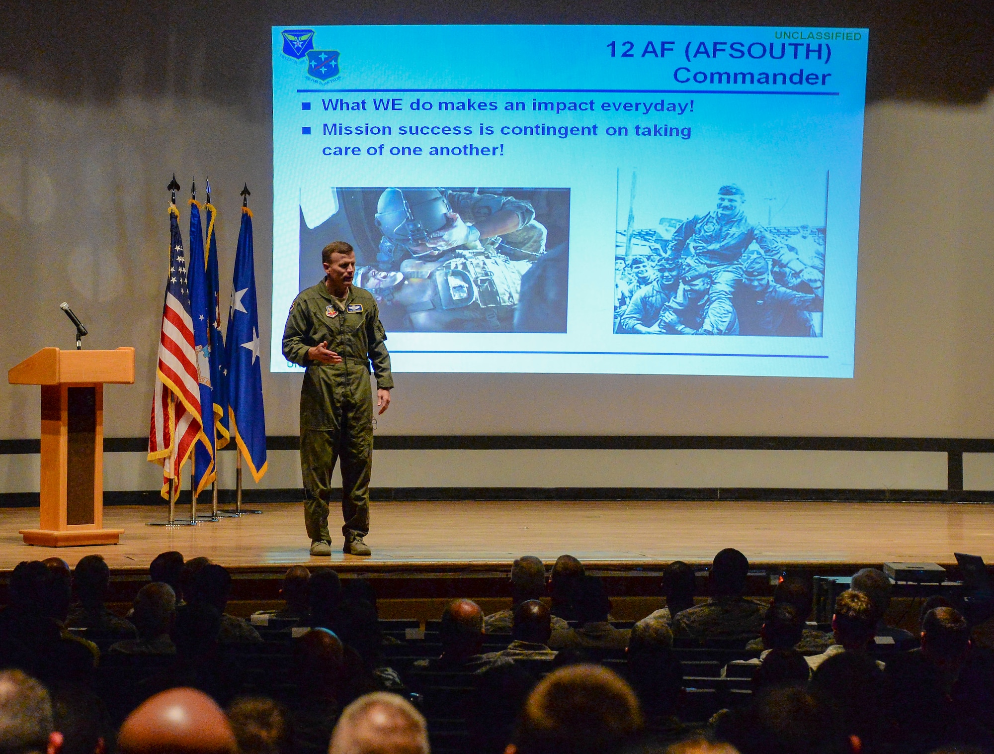 Lt. Gen. Tod Wolters, 12th Air Force (Air Forces Southern) commander, briefs Airmen from 12 AF during a quarterly commander’s call at the base theater on Davis-Monthan AFB, Ariz., June 9 2014.  Wolters focused his discussion on what it means to be ethical.  (U.S. Air Force photo by Tech. Sgt. Heather R. Redman/Released) 