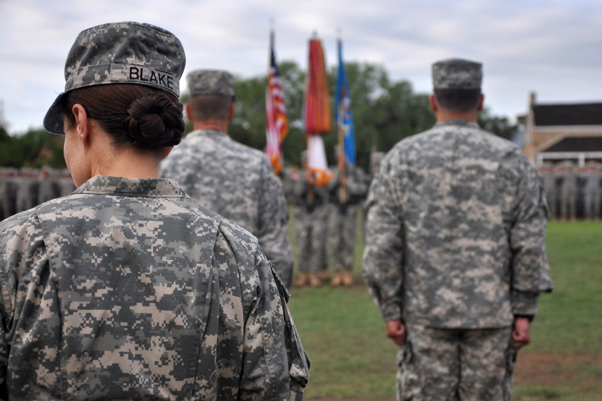 SAN ANGELO, Texas – Army Lt. Col. Devon Blake, former 344th Military Intelligence Battalion Commander, gives a farewell speech to the soldiers of Goodfellow at Fort Concho here June 9. The purpose of the ceremony was for Hallock to assume command of the 344th MI BN which is located at Goodfellow Air Force Base.  (U.S. Air Force photo/ Airman 1st Class Breonna Veal)
