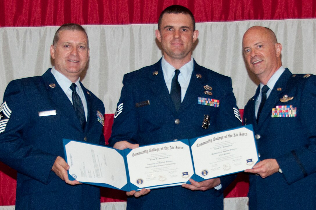 U.S. Air Force Staff Sgt. Jacob Hempstead is presented two Community College of the Air Force certificates by Chief Master Sgt. Randy Noble, 307th Bomb Wing (BW) command chief, and Col. Jonathan Ellis, 307th BW commander, during a Commander's Call, June 8, 2014, Barksdale Air Force Base, La. Hempstead, assigned to the 307th Civil Engineer Squadron, received degrees in Fire Science and Aviation Maintenance Technology. (U.S. Air Force photo by Tech. Sgt. Ted Daigle/Released)