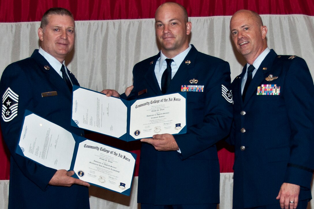 U.S. Air Force Tech. Sgt. Elisha Wood is presented two Community College of the Air Force certificates by Chief Master Sgt. Randy Noble, 307th Bomb Wing (BW) command chief, and Col. Jonathan Ellis, 307th BW commander, during a Commander's Call, June 8, 2014, Barksdale Air Force Base, La. Wood, assigned to the 307th Maintenance Group, received degrees in Criminal Justice and Mechanical and Electrical Technology. (U.S. Air Force photo by Tech. Sgt. Ted Daigle/Released)