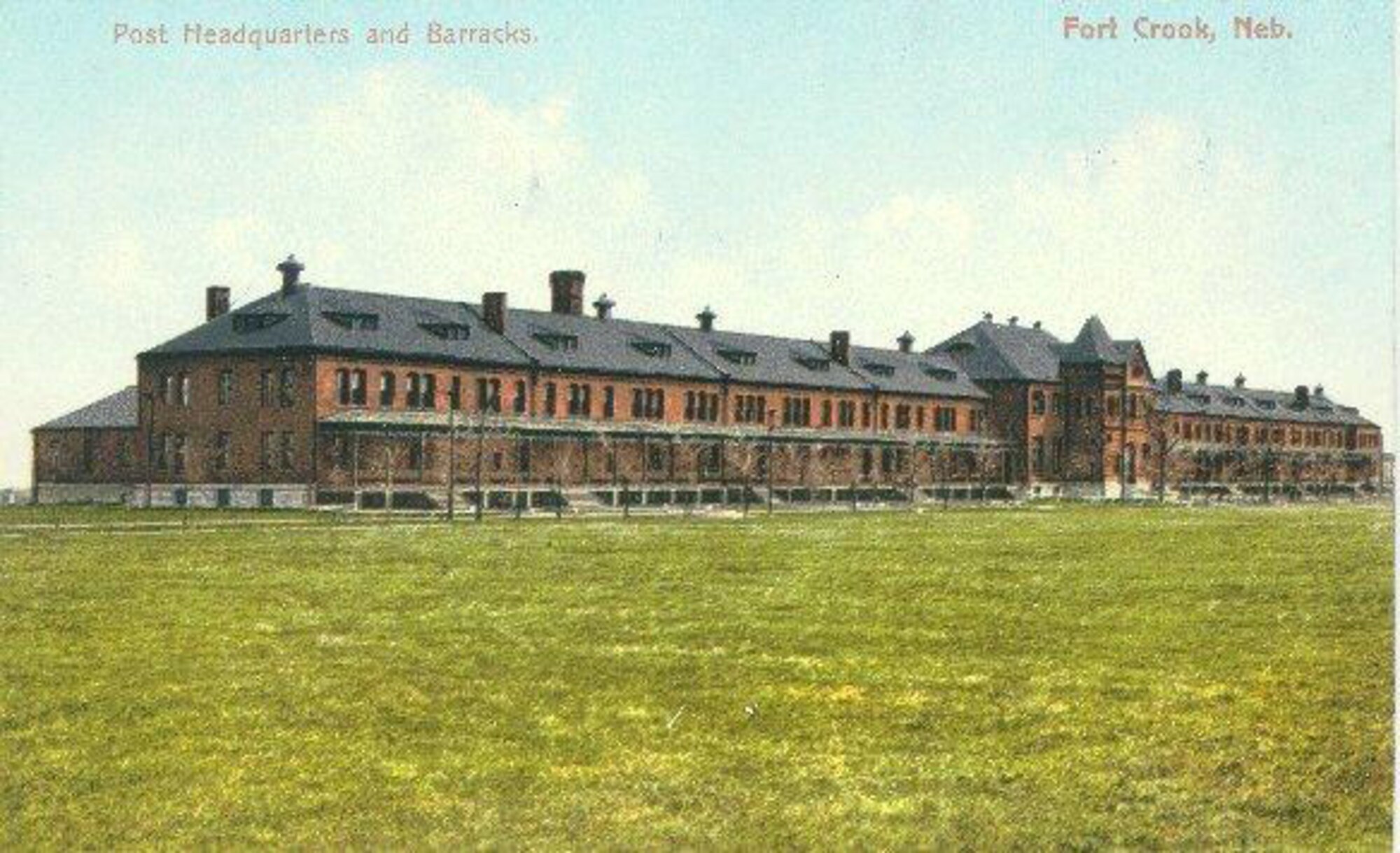 A postcard with an artist’s rendition of Building 40, which was built in 1894 at Fort Crook, Nebraska. The middle section was used for administrative space while the two wings were used as barracks that could accommodate up to 496 men. The middle section was destroyed by a fire in 1946, creating two separate buildings, Building 40 and Building 49. (Courtesy photo/55th Wing Historian)
