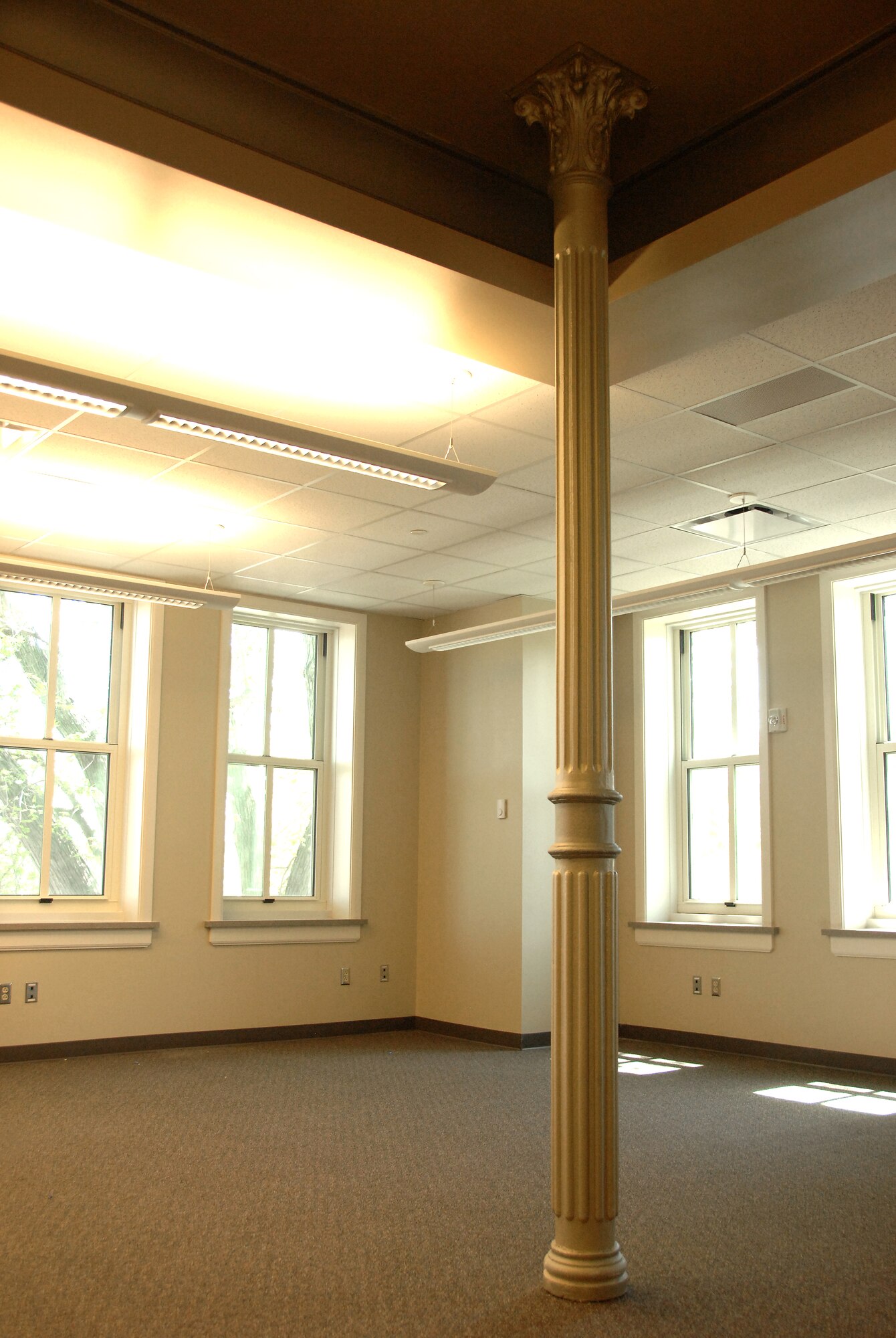 Cast iron columns such as this are located throughout Building 49 and were refinished as part of the plan to preserve the character of the building, which was built in 1894. The building is receiving $5 million in renovations that are scheduled for completion later this summer. The updates will provide 32,000 square feet of office space for the 55th Mission Support Group and 55th Force Support Squadron. (U.S. Air Force photo/Delanie Stafford)