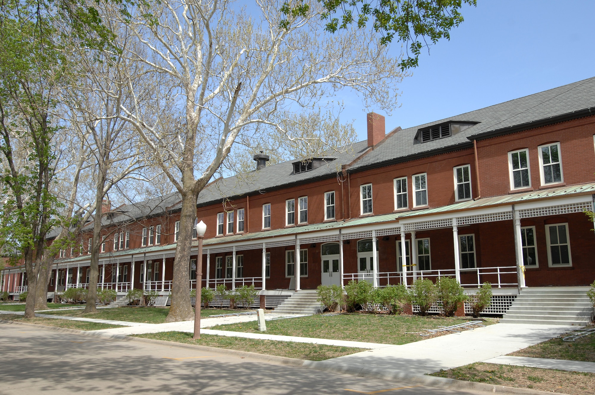 An exterior view of Building 49 looking to the northeast. The building, which was built in 1894, is receiving $5 million in renovations that are scheduled for completion later this summer. The updates will provide 32,000 square feet of office space for the 55th Mission Support Group and 55th Force Support Squadron. (U.S. Air Force photo/Delanie Stafford)