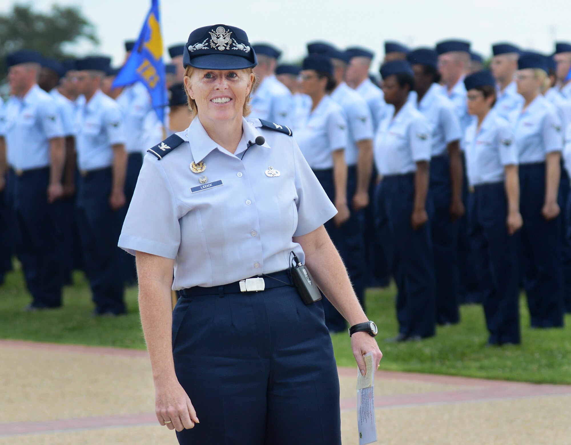 Col. Deborah Liddick, 737th Training Group commander,  pictured here June 6, 2013, oversaw her final Air Force Basic Military Training graduation and parade June 6 as the BMT senior leader. Following a BMT change of command ceremony June 9, Liddick retired after 25 years in the Air Force.
