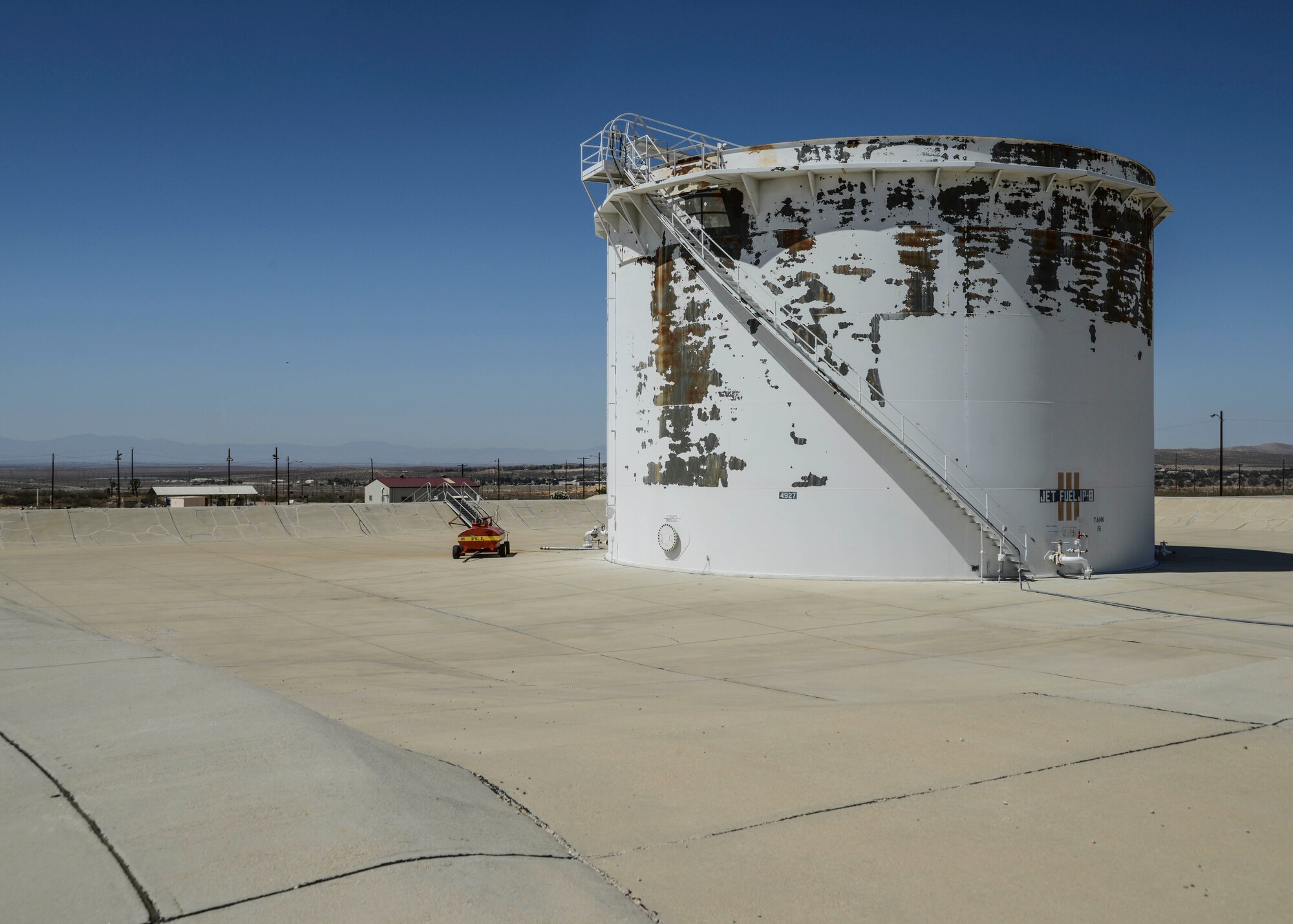 The new system will replace the current bulk storage facility, pictured here off of Forbes Ave. and Lancaster Blvd., built in the 1950s using gravity to pull the fuel to the flightline. The new system will rely on pumps to transport the fuel from storage to the trucks that will carry the fuel to the aircraft. (U.S. Air Force photo by Rebecca Amber)