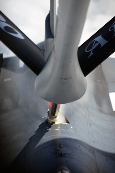 A KC-135 Stratotanker assigned to the 351st Expeditionary Air Refueling Squadron-Poland, refuels a U.S. Air Force F-16 C/D Fighting Falcon during the Baltic Operations Exercise June 10, 2014, over Germany. The BALTOPS Exercise provides the opportunity for personnel of participating nations to engage in realistic training to build experience, teamwork and strengthen interoperability while working toward mutual goals. (U.S. Air Force photo/Airman 1st Class Kyla Gifford/Released)