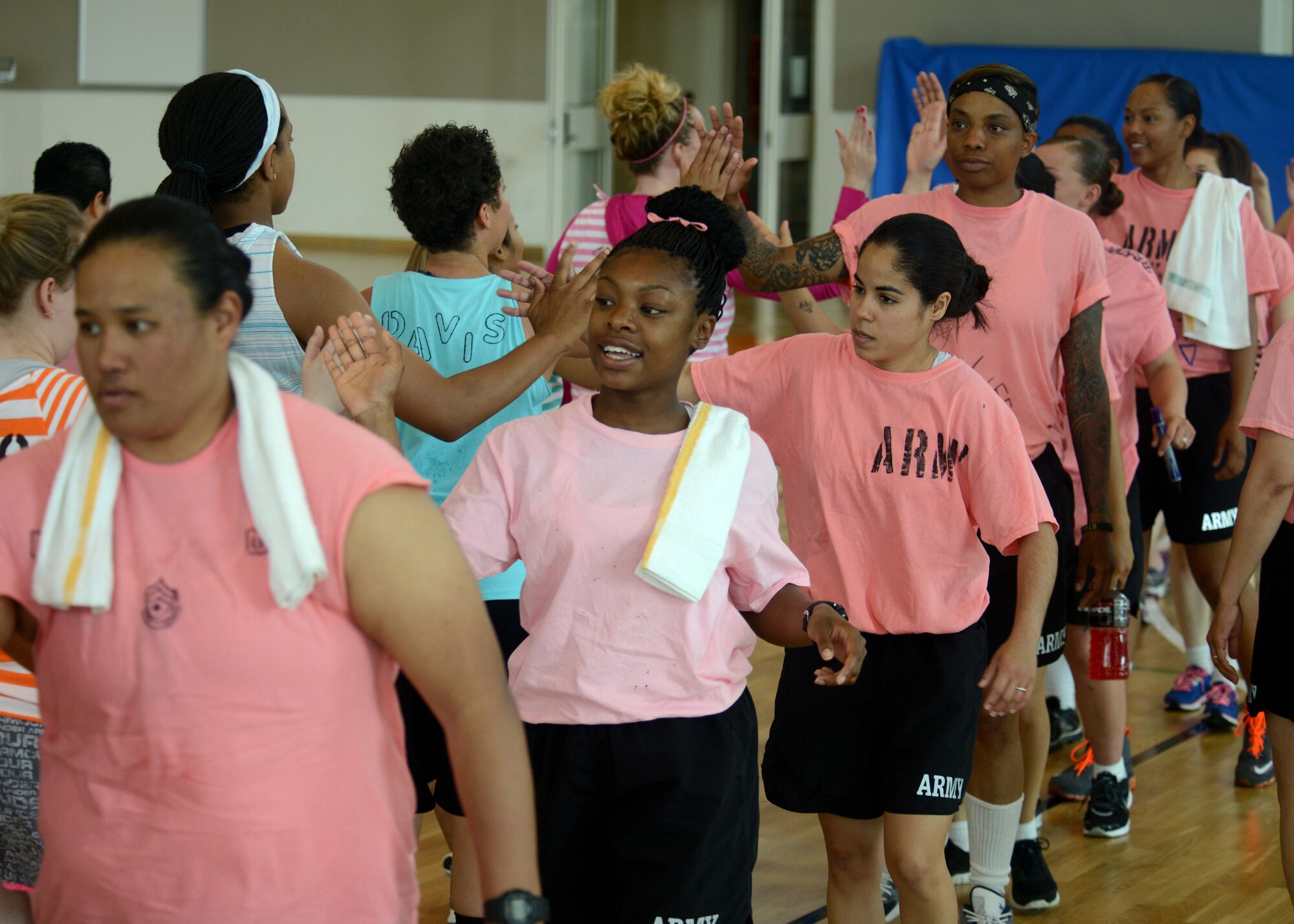 Members of the Aviano Air Base’s “Single Airmen Staying Strong” and U.S. Army Garrison Vicenza’s “Female to Female” groups congratulate each other after a game of volleyball during a “Pink Bowl” event, June 6, 2014, at U.S. Army Garrison Vicenza, Italy. Programs like “SASS" and "F2F" are initiatives designed to bring single females together to build connections throughout various activities and events. (U.S. Air Force photo/Airman 1st Class Abbey Whittaker)   