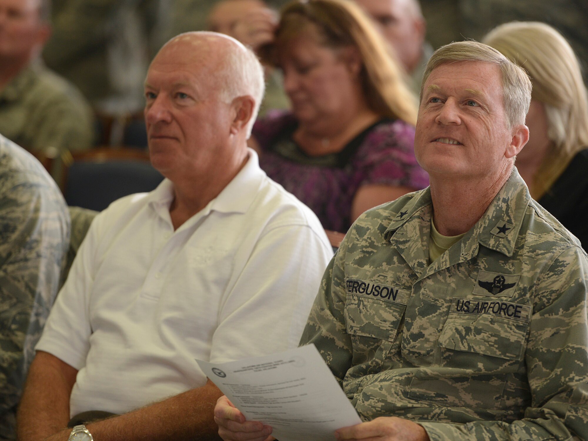 Former Director of the Air National Guard, Lieutenant General Harry M. (Bud) Wyatt III (Ret.), and Oklahoma Assistant Adjutant General Air, Brigadier General Greg Ferguson,  at a 138th Fighter Wing Commanders Call, Tulsa Air National Guard base, June 8, 2014.   (U.S. National Guard photo by Master Sgt.  Mark A. Moore/Released)