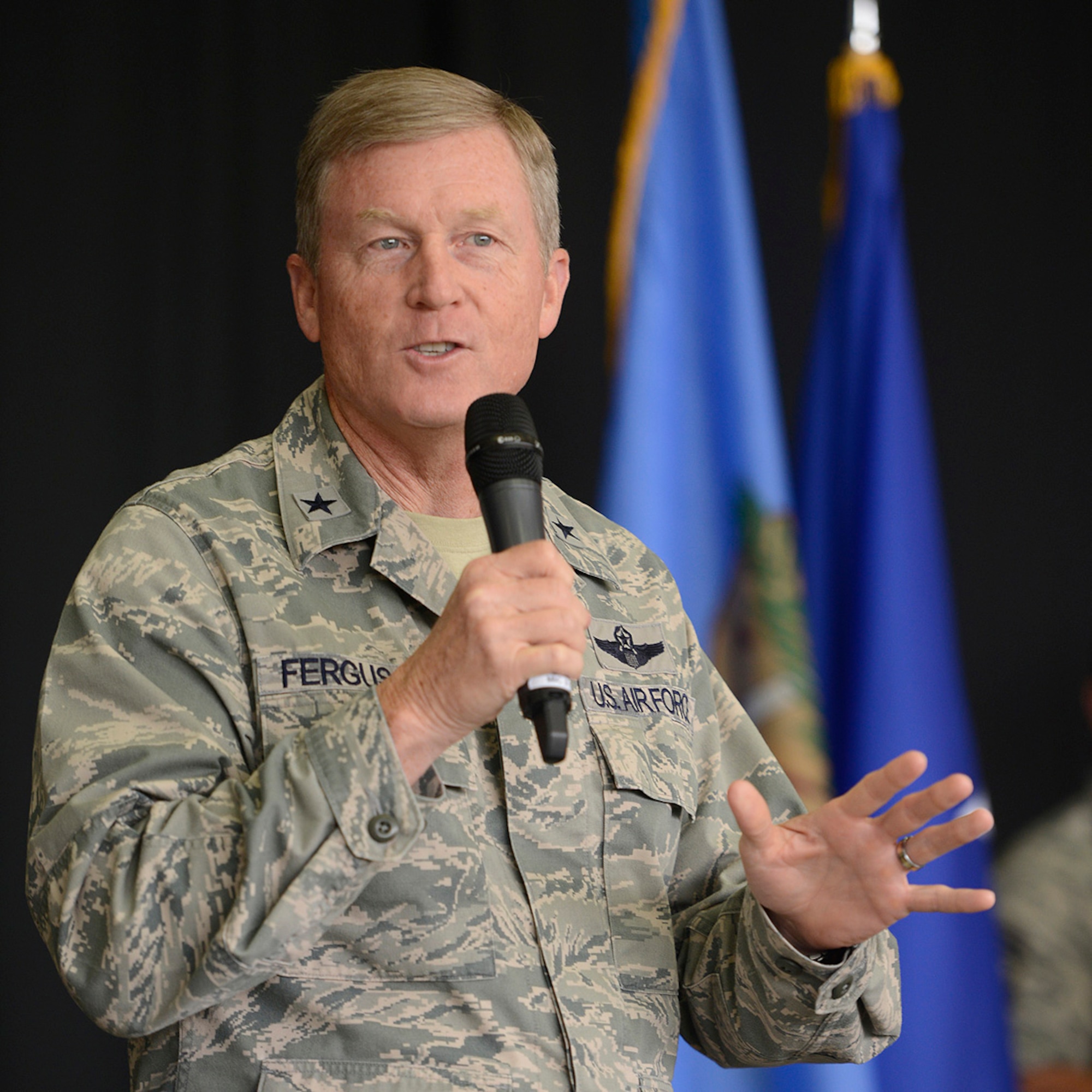 Brigadier General Greg Ferguson, Oklahoma Assistant Adjutant General Air, addresses member of the 138th Fighter Wing during a Commanders Call at the Tulsa Air National Guard base, June 8, 2014.     (U.S. National Guard photo by Master Sgt.  Mark A. Moore/Released)