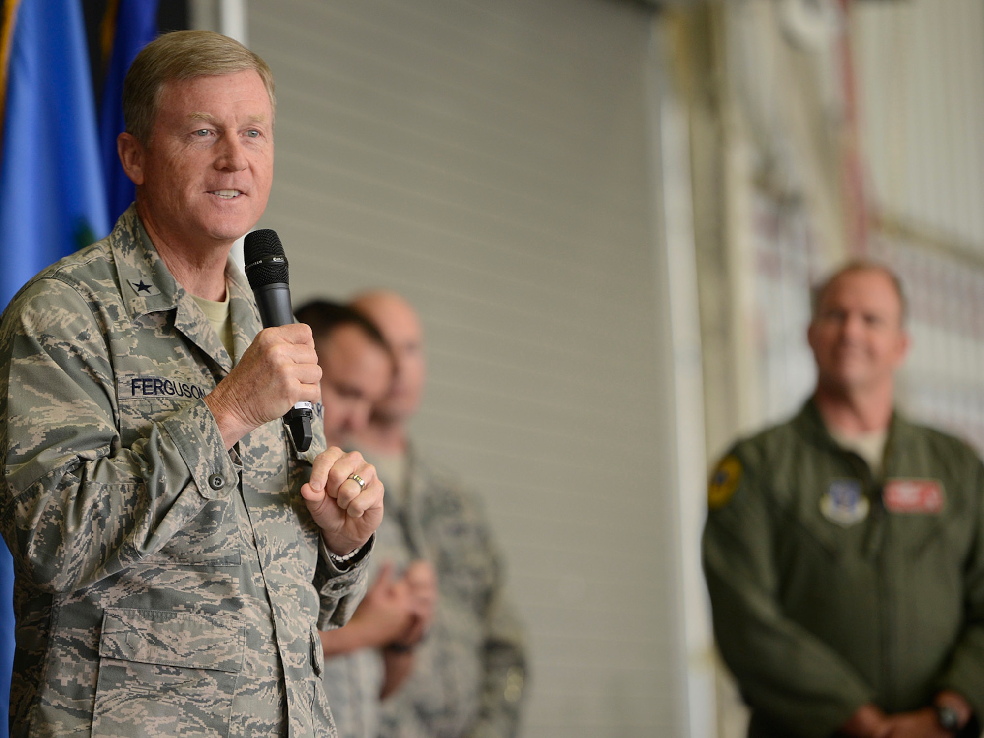 Brigadier General Greg Ferguson, Oklahoma Assistant Adjutant General Air, addresses member of the 138th Fighter Wing during a Commanders Call at the Tulsa Air National Guard base, June 8, 2014.     (U.S. National Guard photo by Master Sgt.  Mark A. Moore/Released)