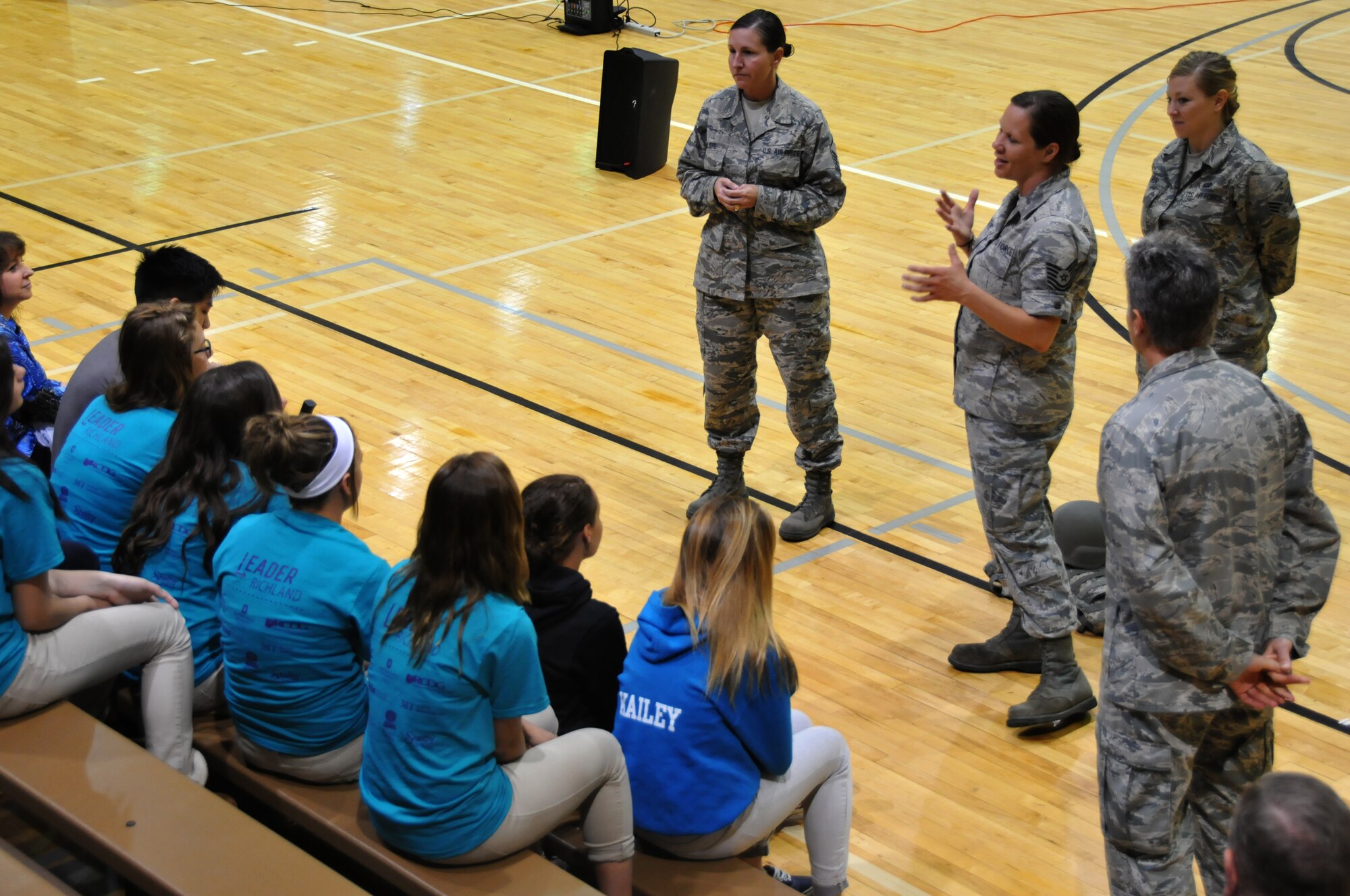 Tech. Sgt. Amanda Moeglin speaks to girls about her experience in the Air National Guard as the 179th Airlift Wing and 200th RED HORSE Det. 1 particpate in the Leader Richland event at Ohio State Mansfield/North Central State College campus, Mansfield, OH, May 15, 2014. The program is by the Richland Community Development Group and aims to inspire 7th and 8th graders to reach their full potential as future community leaders. (U.S. Air National Guard photo by Technical Sergeant Joe Harwood/Released)