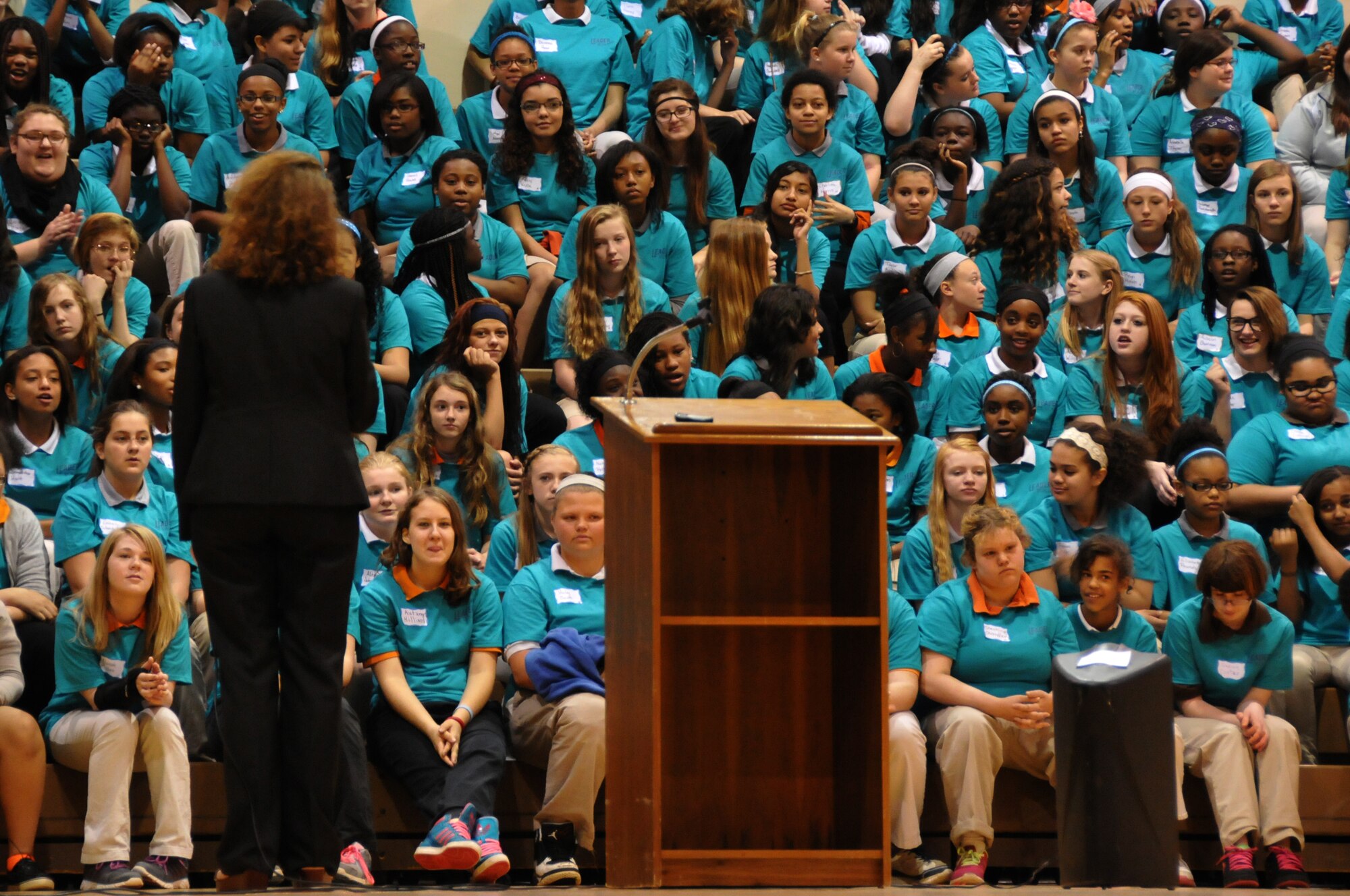 Founder of the Leader Richland program, Marilyn John, speaks at the event at Ohio State Mansfield/North Central State College campus, Mansfield, OH, May 15, 2014. The program is by the Richland Community Development Group and aims to inspire 7th and 8th graders to reach their full potential as future community leaders. (U.S. Air National Guard photo by Technical Sergeant Joe Harwood/Released)