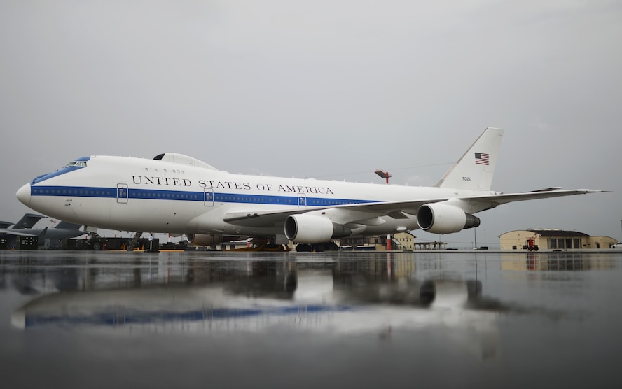 A U.S. Air Force E-4B aircraft sits on the ramp outside the 726th Air Mobility Squadron at Spangdahlem Air Base, Germany, June 4, 2014. The E-4B is an airborne platform that will host the Family of Advanced Beyond Line-of-Sight Terminals, which provide U.S. leaders with secure, survivable, satellite communications during all phases of a nuclear conflict. FAB-T entered into Milestone C Sept. 1, 2015, progressing into the production and development phase. (U.S. Air Force photo by Senior Airman Gustavo Castillo/Released) 