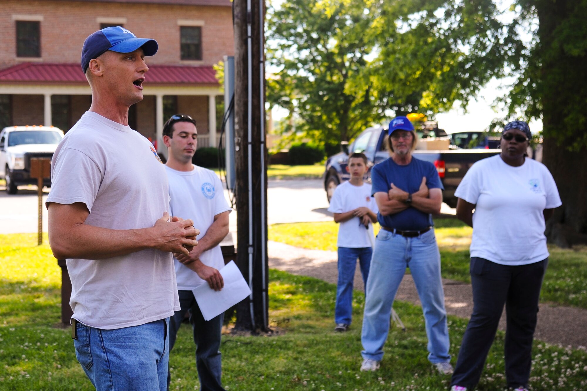 U.S. Air Force Col. David Chisenhall, 633rd Civil Engineer Squadron commander, thanks Joint Base Langley-Eustis community members for participating in Clean the Bay Day at Langley Air Force Base, Va., June 7, 2014. Approximately 250 people participated in the event at Fort Eustis and Langley. (U.S. Air Force photo by Senior Airman Austin Harvill/Released) 