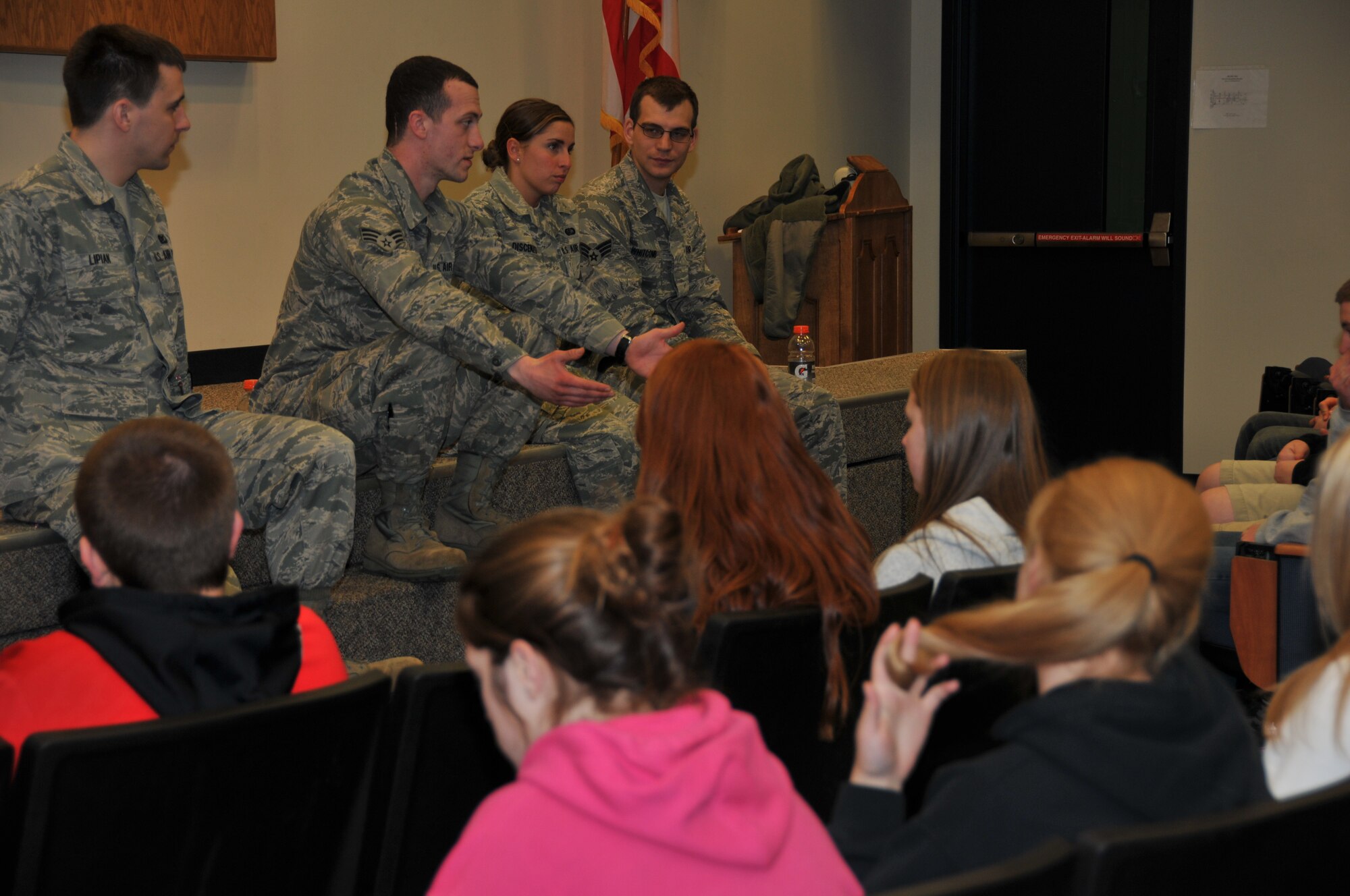 Members of the 179th Airlift Wing organize an event to help develop student athletes from the Northern 10 Athletic Conference, April 8, 2014, Galion, OH. The student athletes were seperated into teams unrelated to their schools and rotated through 6 stations designed to develop leadership skills and familiarity of Air Force customs. The Airmans panel is shown fielding questions and sharing experience in the Air National Guard with the students. (U.S. Air National Guard Photo by TSgt Joseph Harwood \Released)
