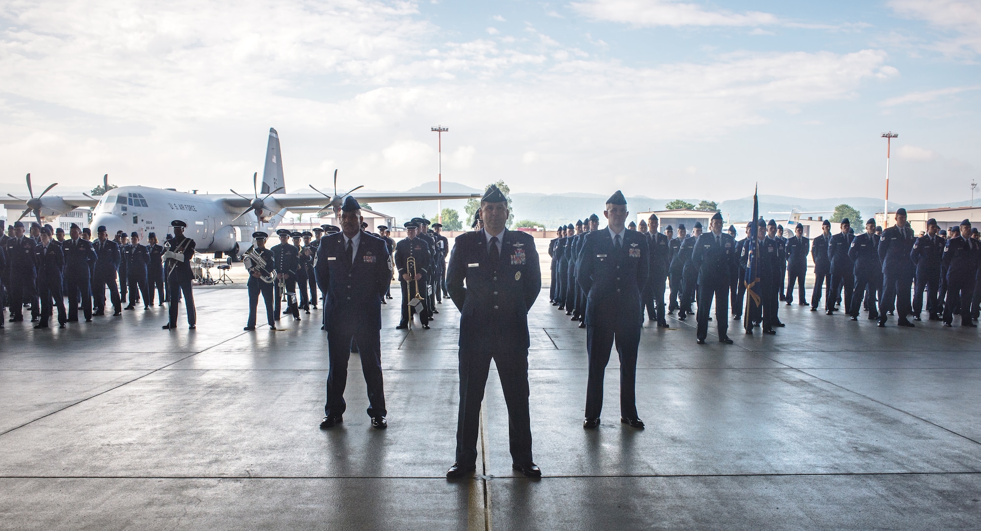 Airmen from 3rd Air Force stand in formation during the 3rd AF assumption of command ceremony June 11, 2014, Ramstein Air Base, Germany. Roberson comes to 3rd Air Force from his previous assignment as the vice director of operations on the joint staff in Washington, D.C.  The command provides full-spectrum Air Force war-fighting capabilities throughout an area of responsibility that spans three continents and encompasses 104 countries. (U.S. Air Force photo/ Airman 1st Class Jordan Castelan)