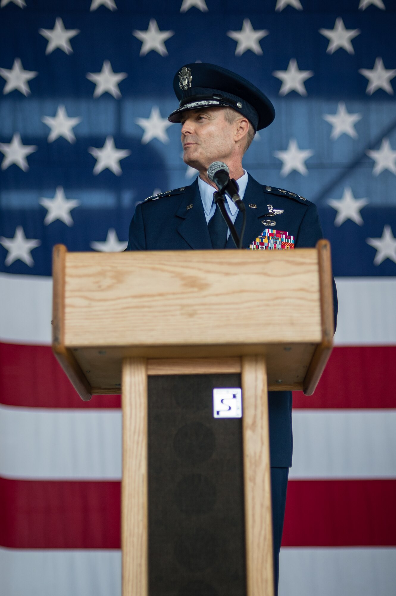 Lt. Gen. Darryl Roberson, 3rd Air Force commander, speaks about his new position during the 3rd Air Force assumption of command ceremony June 11, 2014, Ramstein Air Base, Germany. Roberson comes to 3rd Air Force from his previous assignment as the vice director of operations on the joint staff in Washington, D.C.  The command provides full-spectrum Air Force war-fighting capabilities throughout an area of responsibility that spans three continents and encompasses 104 countries. (U.S. Air Force photo/ Airman 1st Class Jordan Castelan)