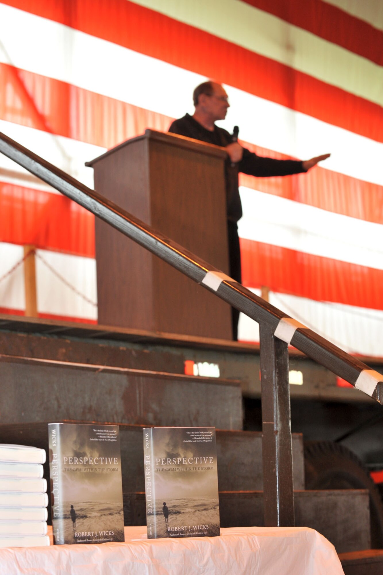 Dr. Robert J. Wicks, psychologist, motivational speaker and author, addresses RAF Molesworth personnel and their families during Resiliency Day at RAF Molesworth, United Kingdom May 30, 2014. At the request of the 423rd Chaplain’s Office, Wicks attended the event and gave a speech to tie in to the event’s theme, which was how to deal with the stress of military life and reach your full potential. (U.S. Air Force photo by Staff Sgt. Ashley Hawkins/Released)