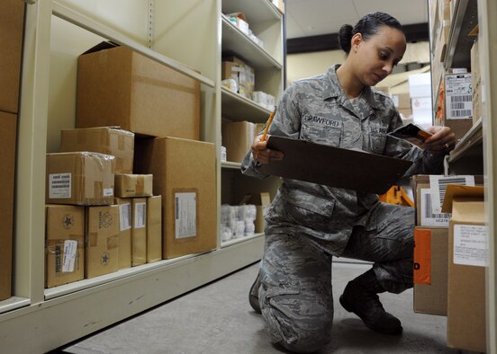 Tech. Sgt. Christine Crawford, 35th Medical Support Squadron NCO in charge of war reserve materiel and the medical equipment management office, reviews an antidote treatment nerve agent, auto-injector in the base hospital's warehouse at Misawa Air Base, Japan, June 3, 2014. Crawford is responsible for ensuring medical supplies and equipment are readily available to assist in the care of Misawa patients. . (U.S. Air Force photo/Staff Sgt. Alyssa C. Wallace)
