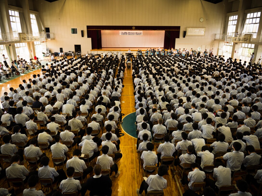 NAGAOKA, Japan -- Pacific Showcase, Band of the Pacific-Asia jazz ensemble, plays a bilateral concert for a full gym of students at the Teikyo Nagaoka High School, Nagaoka, Japan on June 5, 2014. Showcase gave clinics to the band students after the performance. (U.S. Air Force photo by Staff Sgt. Josh Voyles)