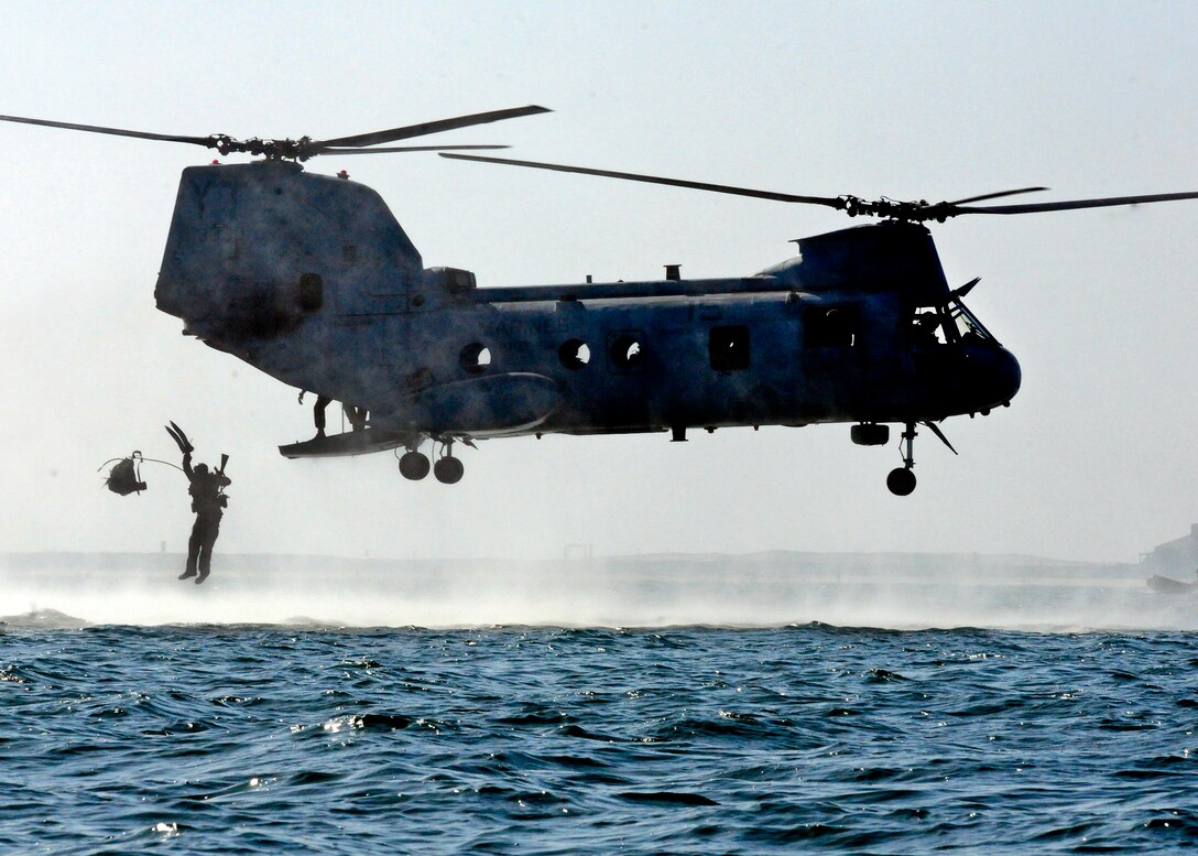 A Marine jumps from a CH-46 Sea Knight helicopter assigned to Marine Medium Helicopter Training Squadron 164 during a training exercise in San Diego, Nov. 17, 2011. The exercise concluded the Infantry Company Small Boat Raid Course. The Marine is assigned to the Marine Corps Training Division at Expeditionary Warfare Training Group Pacific.  
