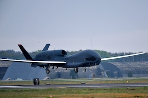 An RQ-4 Global Hawk from Andersen Air Force Base, Guam, lands at Misawa Air Base, Japan, May 24, 2014. The aircraft is part of the 69th Reconnaissance Group Detachment 1 and is the first Global Hawk to land in Japanese territory. (U.S. Air Force photo/Staff Sgt. Nathan Lipscomb
